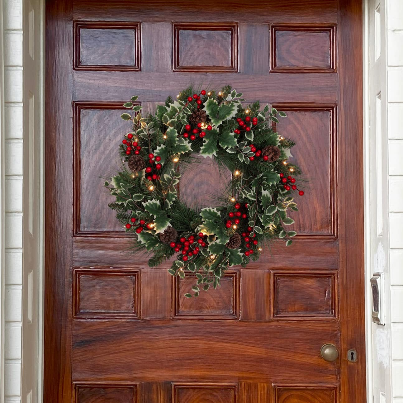 Haute Decor 24&#x22; Pre-Lit Holly, Pine &#x26; Berry Christmas Wreath, Soft White LED Lights