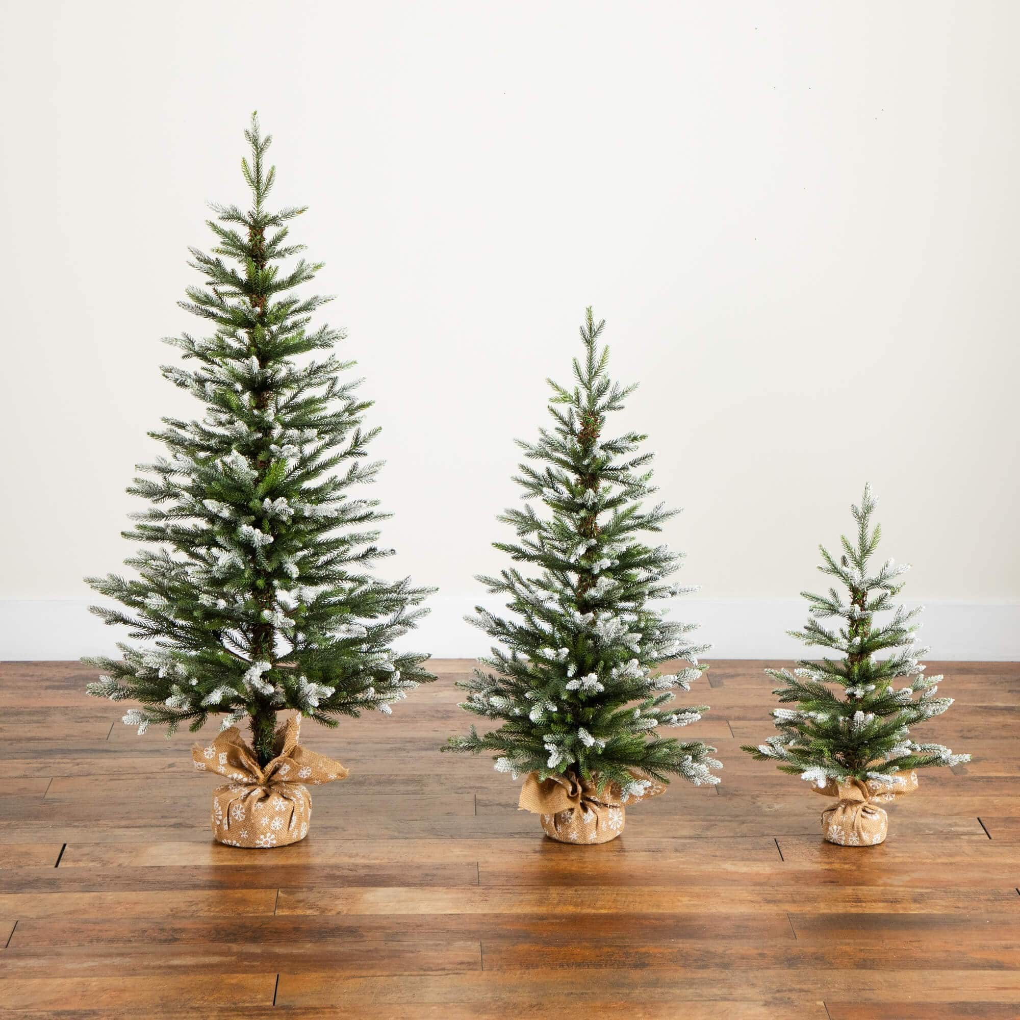 2ft., 3ft. & 4ft. Unlit Snowed Balsam Fir Artificial Christmas Trees in Burlap Base, Set of 3
