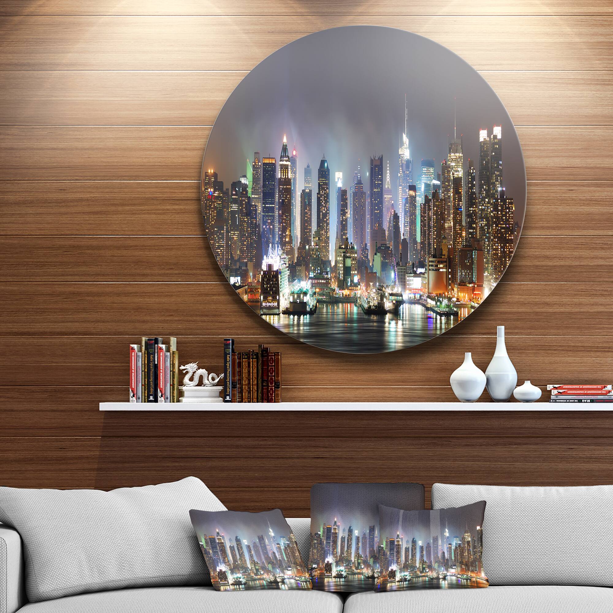 Designart - New York Times Square in Blue Light' Ultra Glossy Cityscape Circle Wall Art