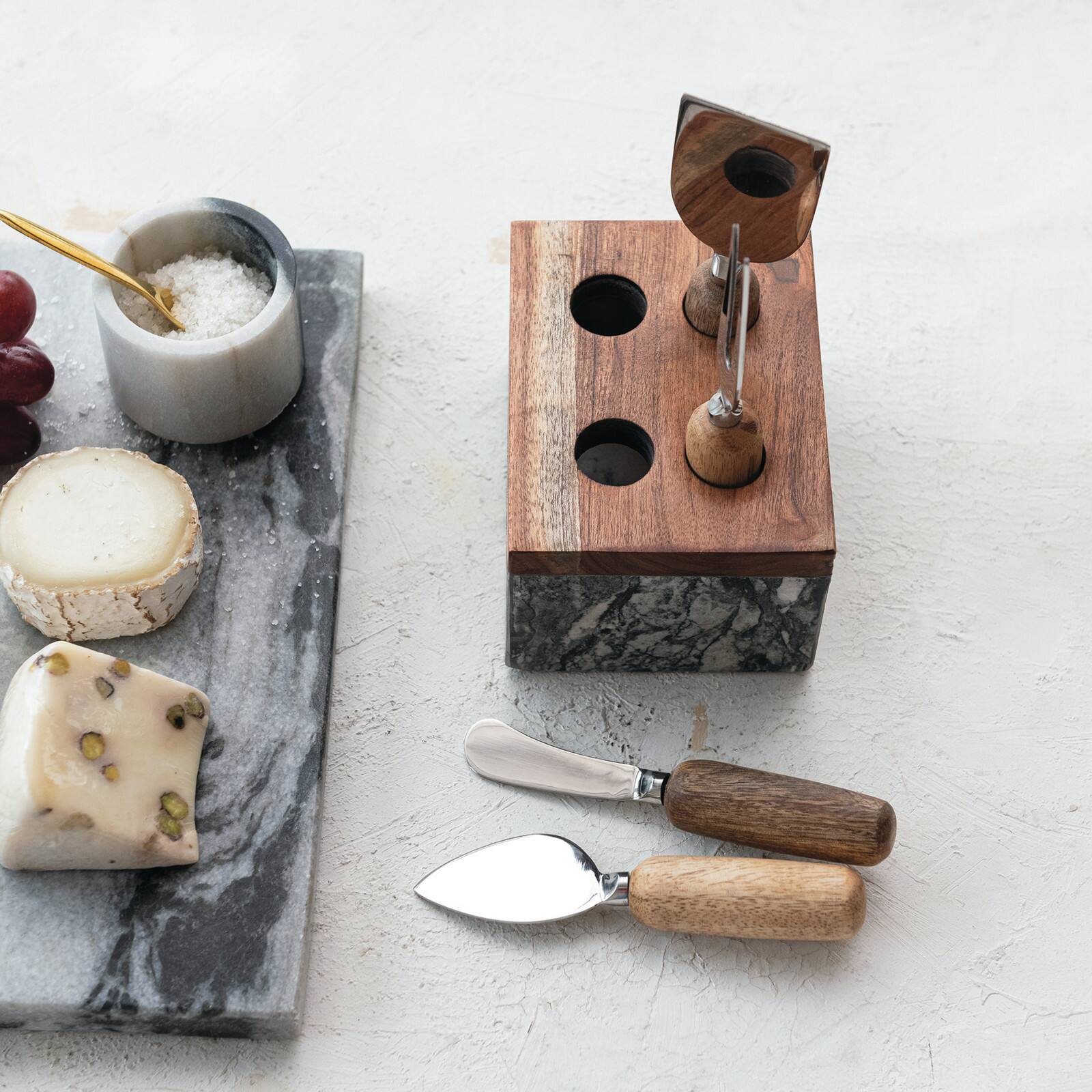 Hello Honey Black Marble Cheese Server Set with Mango Wood Stand