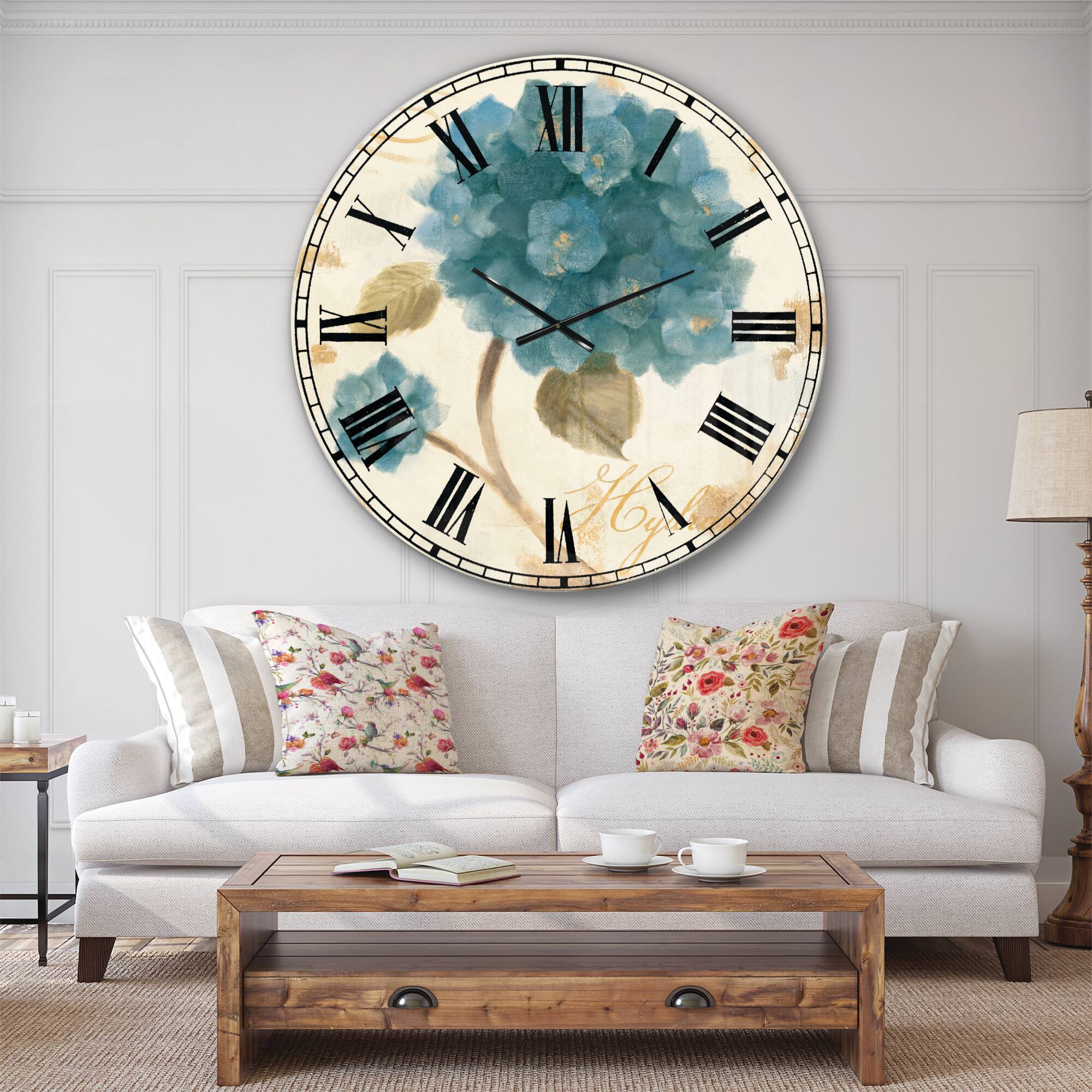 Designart Blue Cottage Flower Hydrangea II Wall Clock