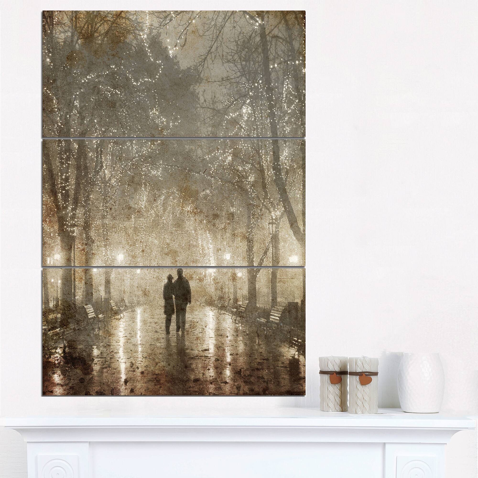 Designart - Couple Walking in Night Lights - Landscape Photography Canvas Print