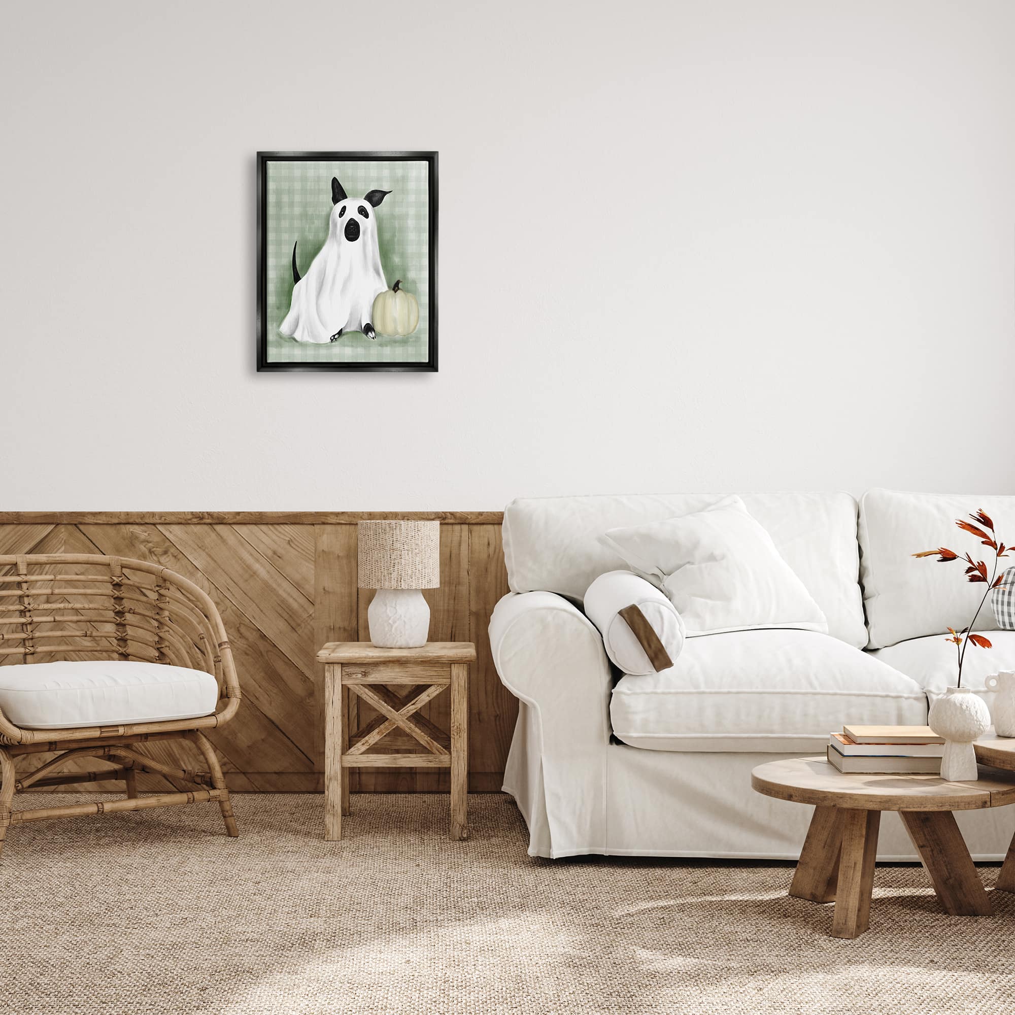 Stupell Industries Dog Ghost Halloween Costume Framed Floater Canvas Wall Art