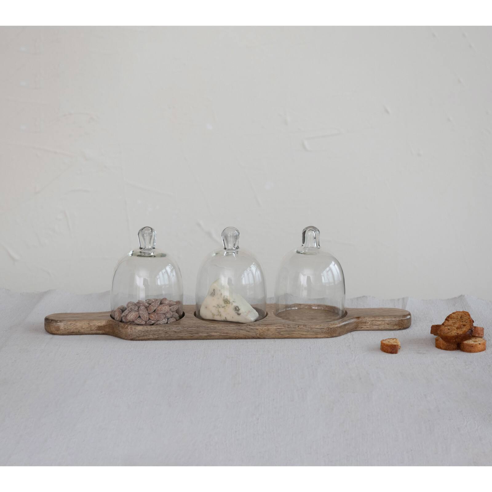Hello Honey&#xAE; Mango Wood Serving Tray with 3 Glass Cloches Set