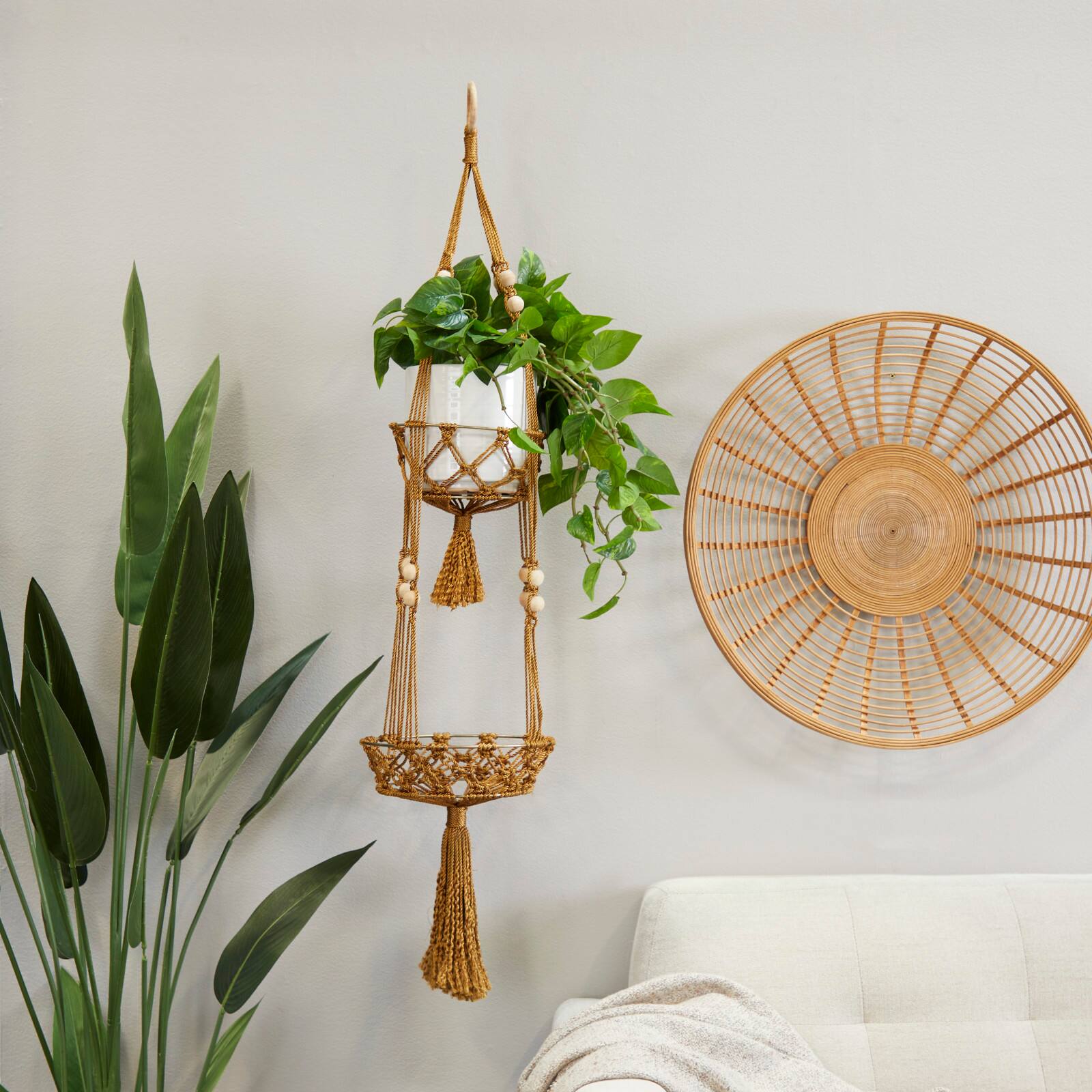 47&#x22; Brown Fabric Handmade Hanging Macrame Wall Planter