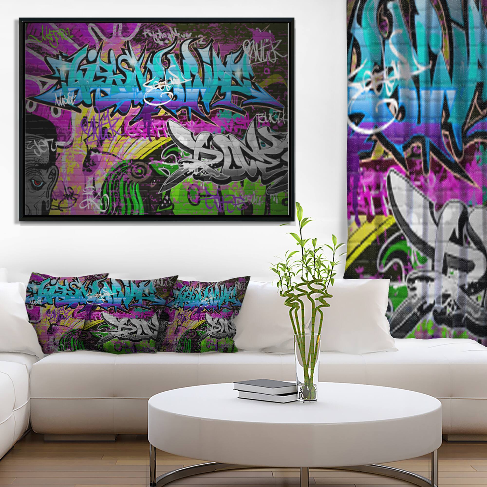 Designart - Graffiti Wall Urban Art - Abstract Street Art Framed Canvas Print