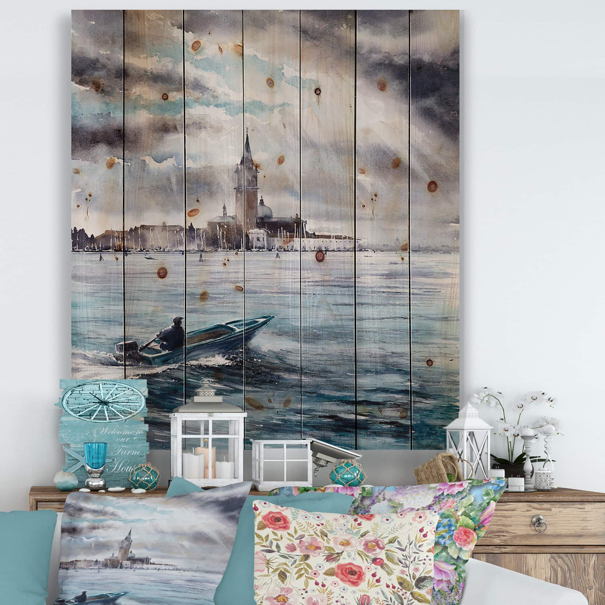 Designart - Storm Over Venice In Italy - Nautical & Coastal Print on Natural Pine Wood