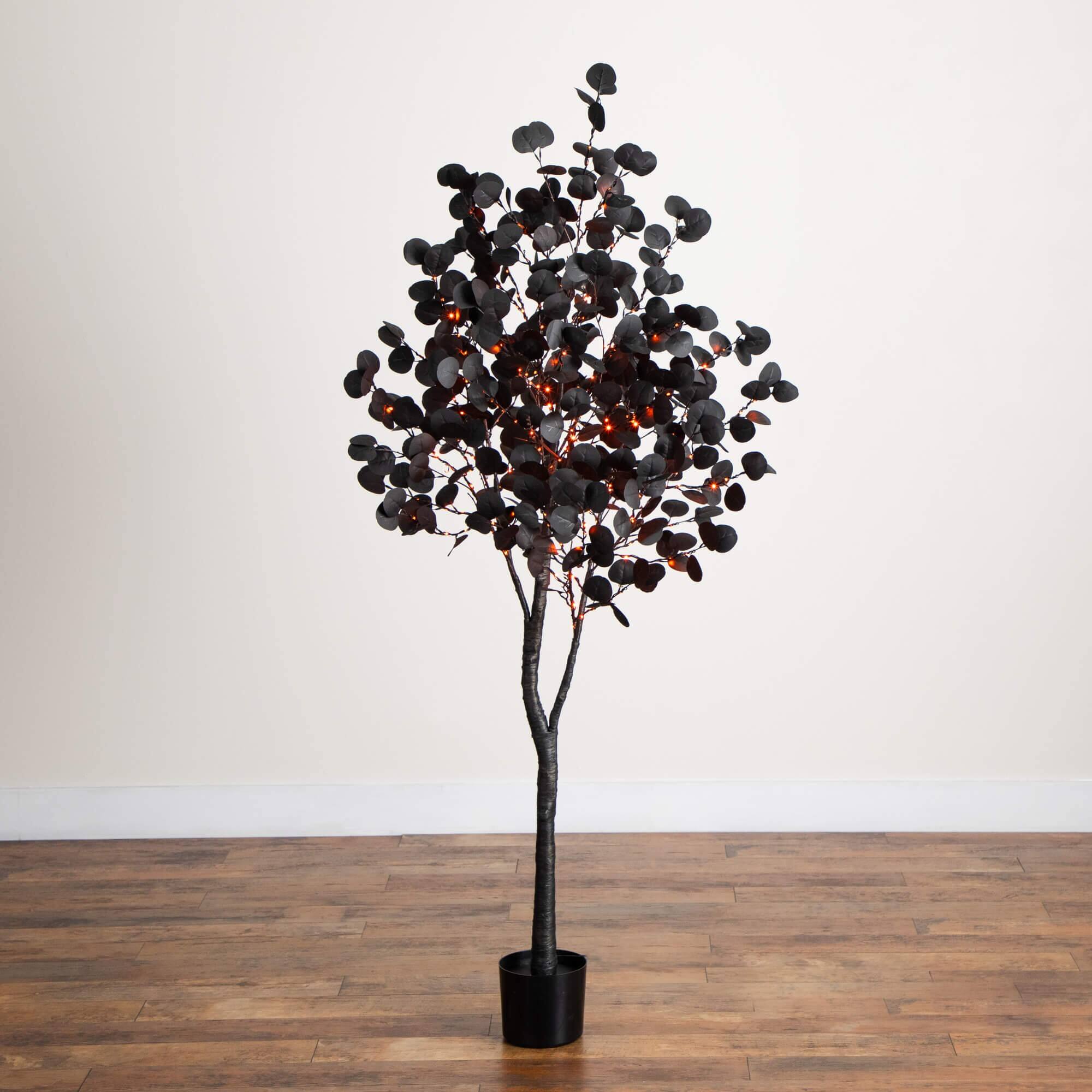 6ft. Pre-Lit Artificial Halloween Black Eucalyptus Tree with 300 Orange &#x26; Purple LED Lights