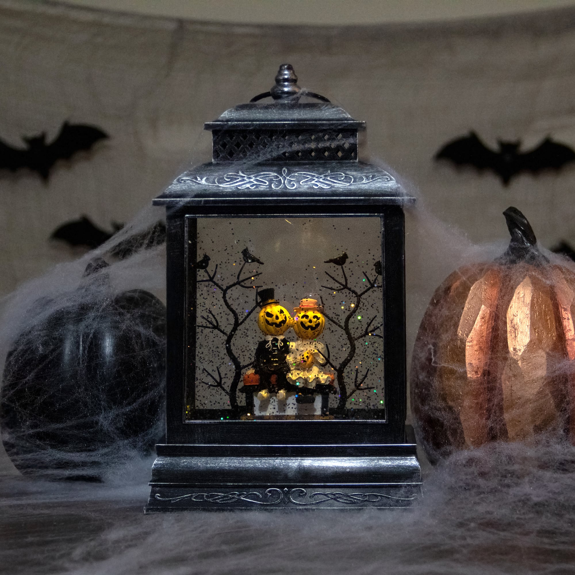 11.5" Black Lighted Halloween Snow Globe Lantern With Pumpkin Couple
