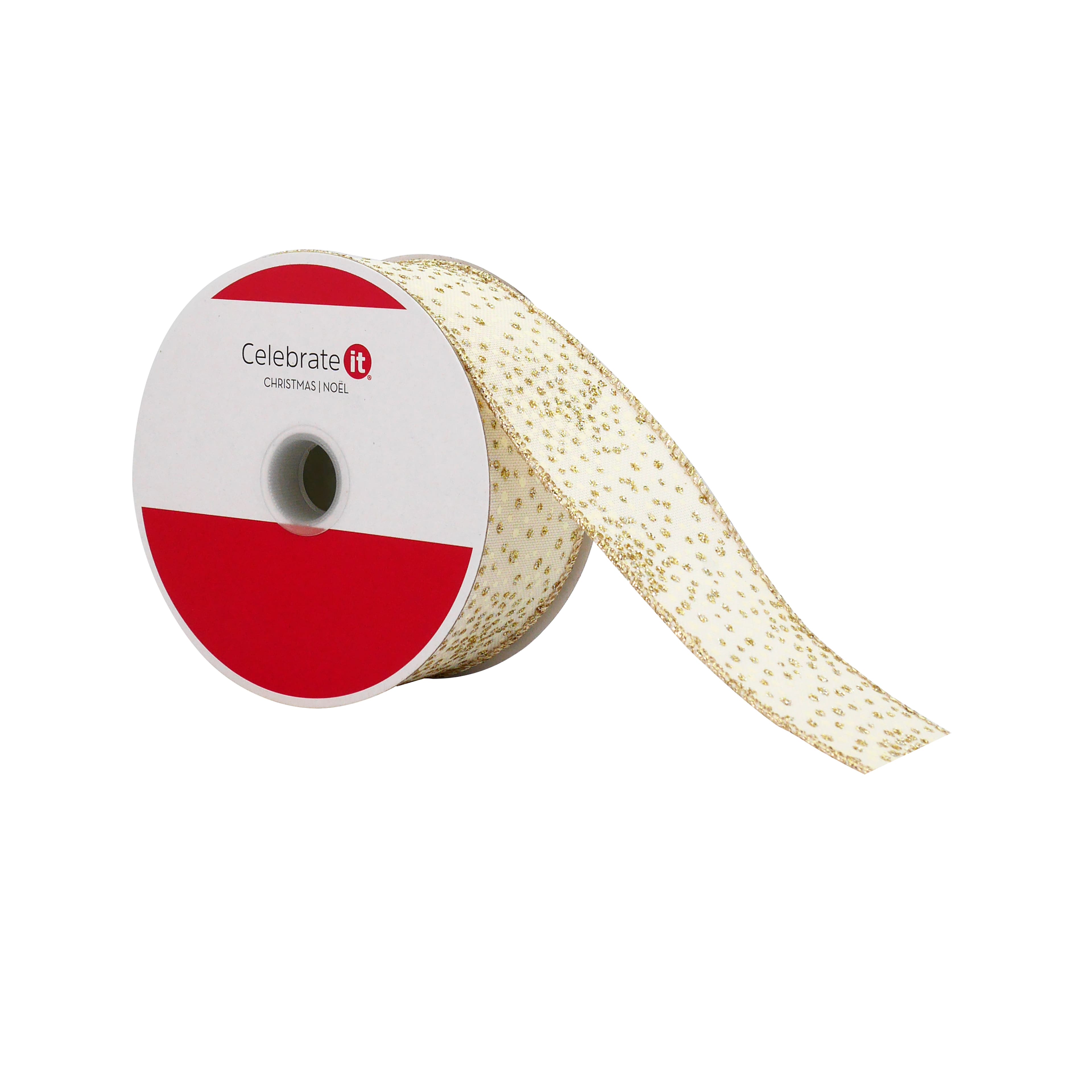 1.5&#x22; x 30ft. Cream &#x26; Gold Dots Wired Faux Linen Ribbon by Celebrate It&#xAE;