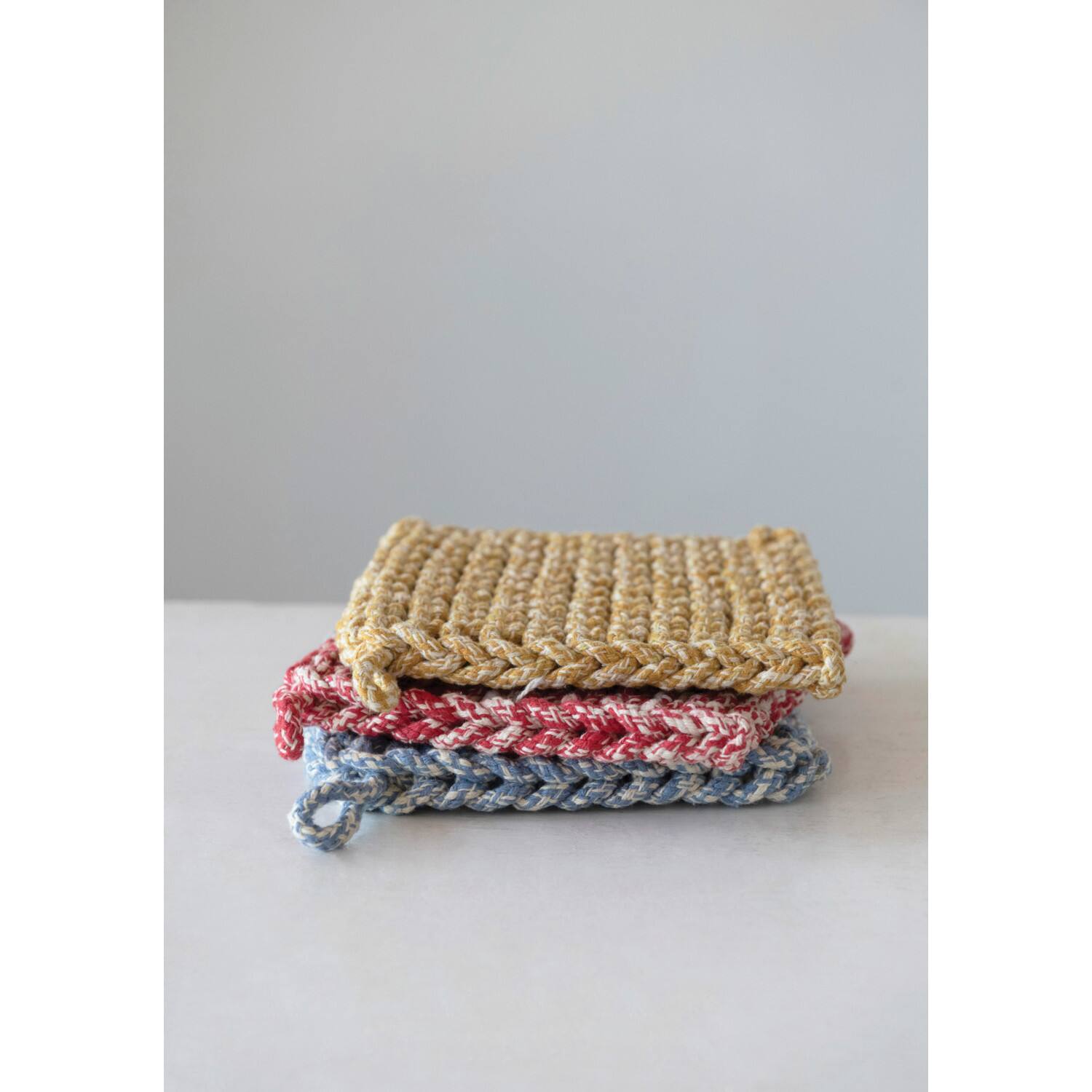 Hello Honey® 8" Mélange Red, Blue & Yellow Square Crocheted Cotton Pot Holder Set