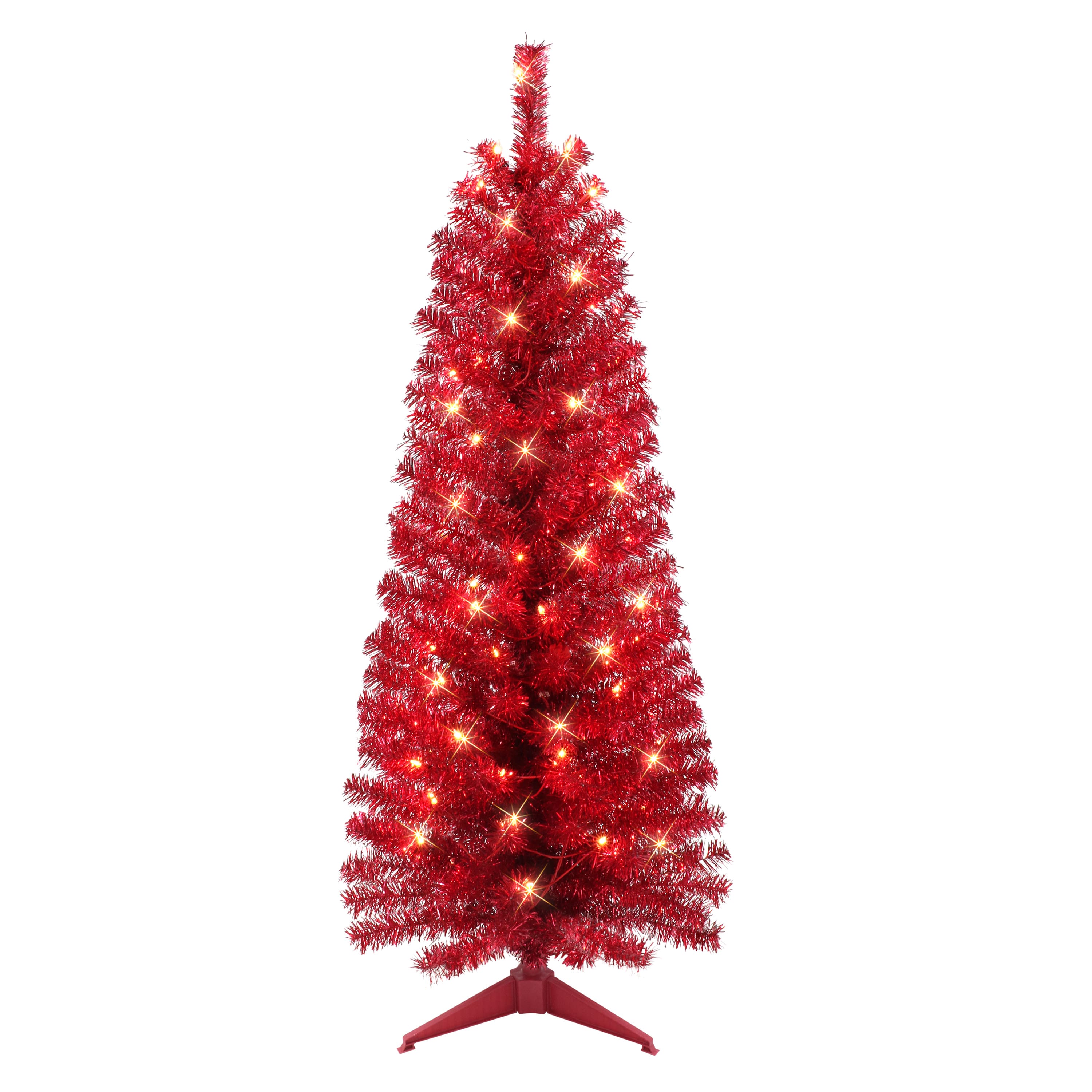 6 Pack: 4.5ft. Pre-Lit Red Tinsel Artificial Christmas Tree, Clear Lights