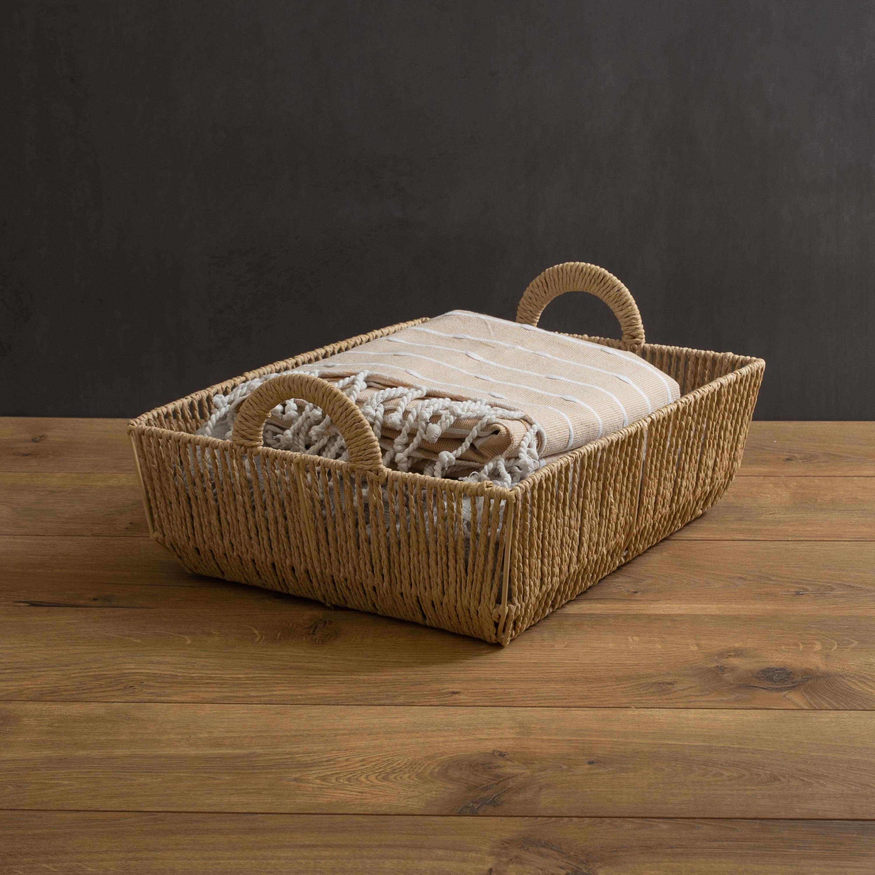 Simplify Large Vertical Weave Shelf Storage Basket with Round Handles