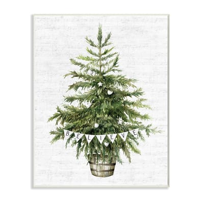 Stupell Industries Holiday Green Fir Tree with Believe Phrase Wood Wall ...