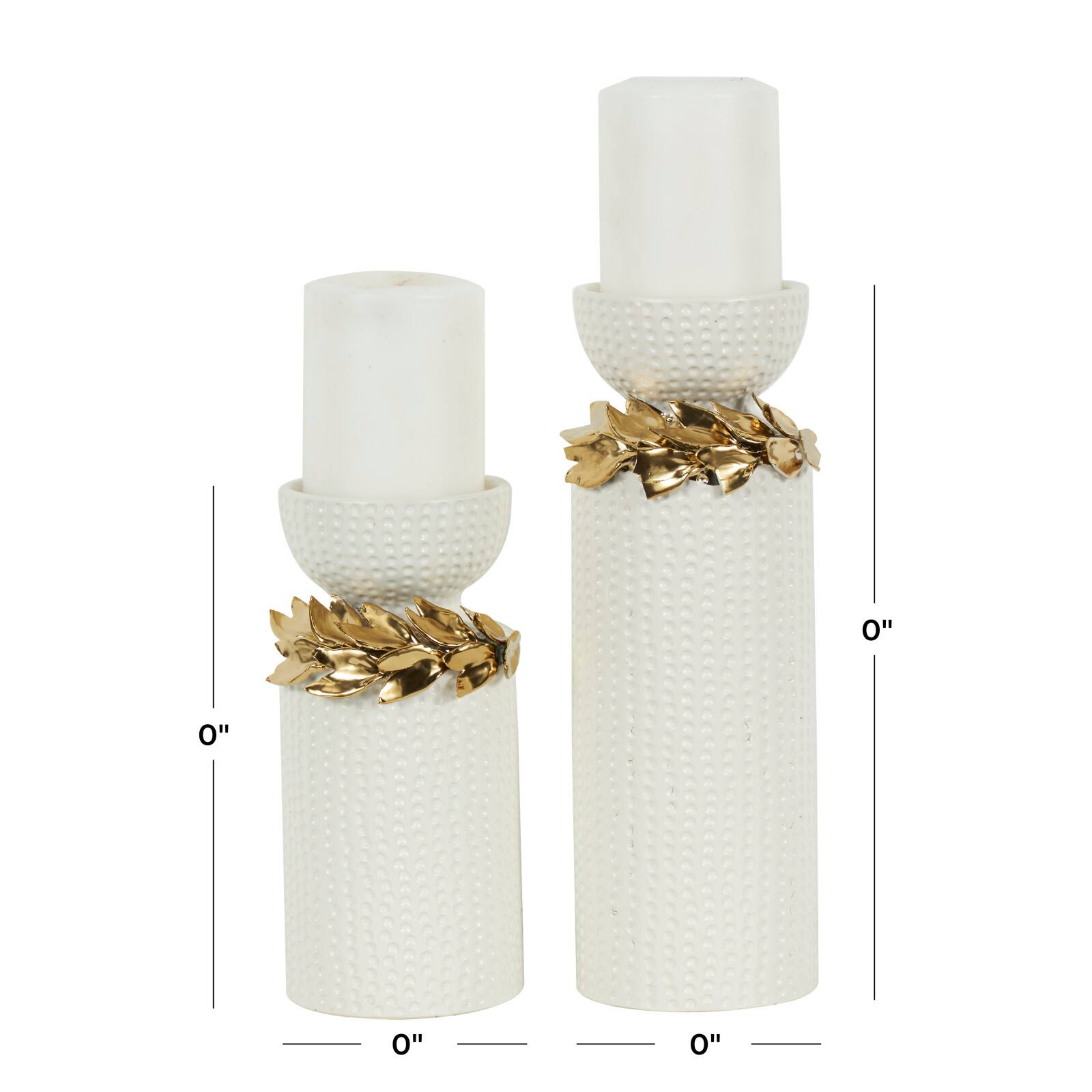 White Abstract Spotted Ceramic Pillar Candle Holder Set with Gold Leaf Accents