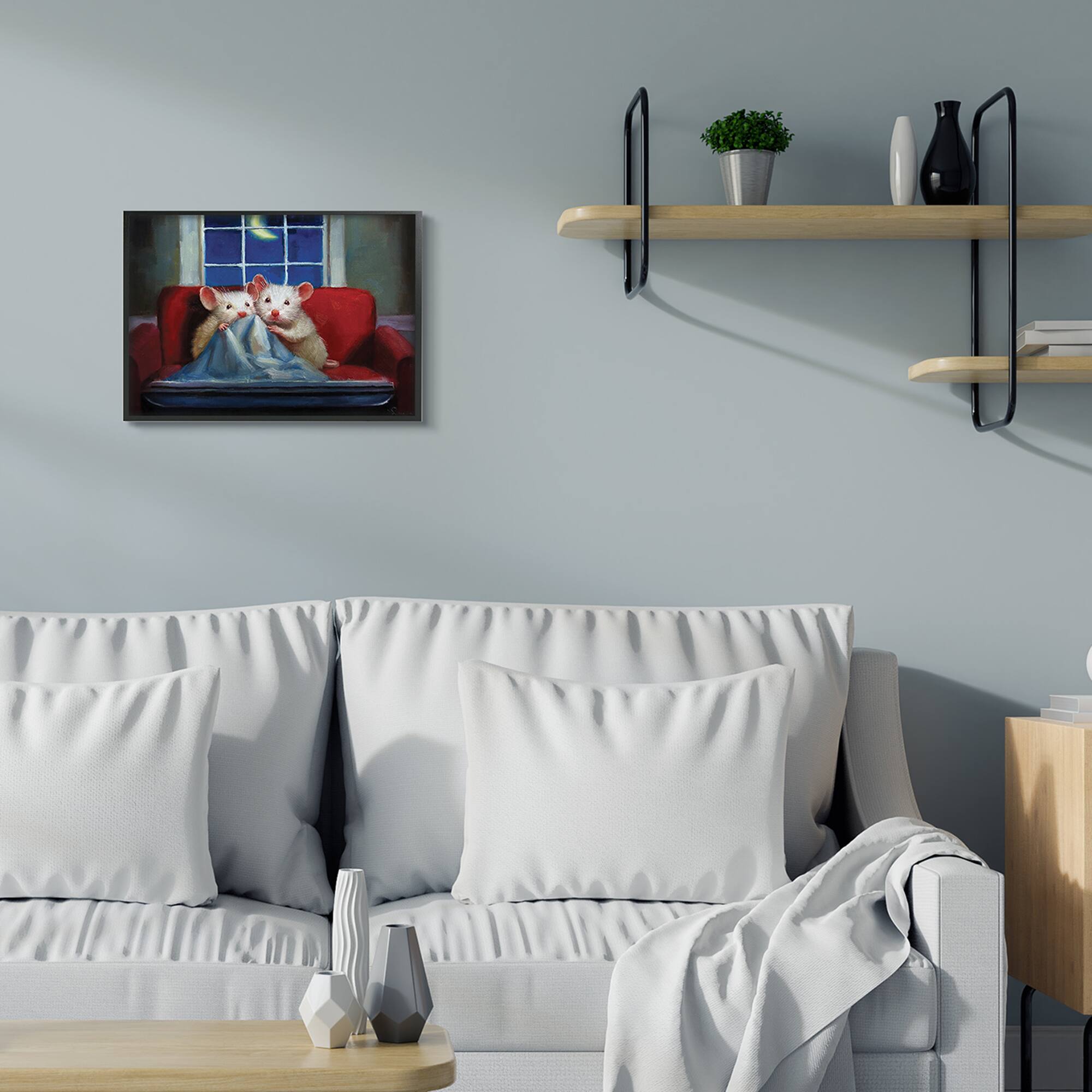 Stupell Industries House Mice Snuggling Under Blanket Watching TV in Black Frame Wall Art