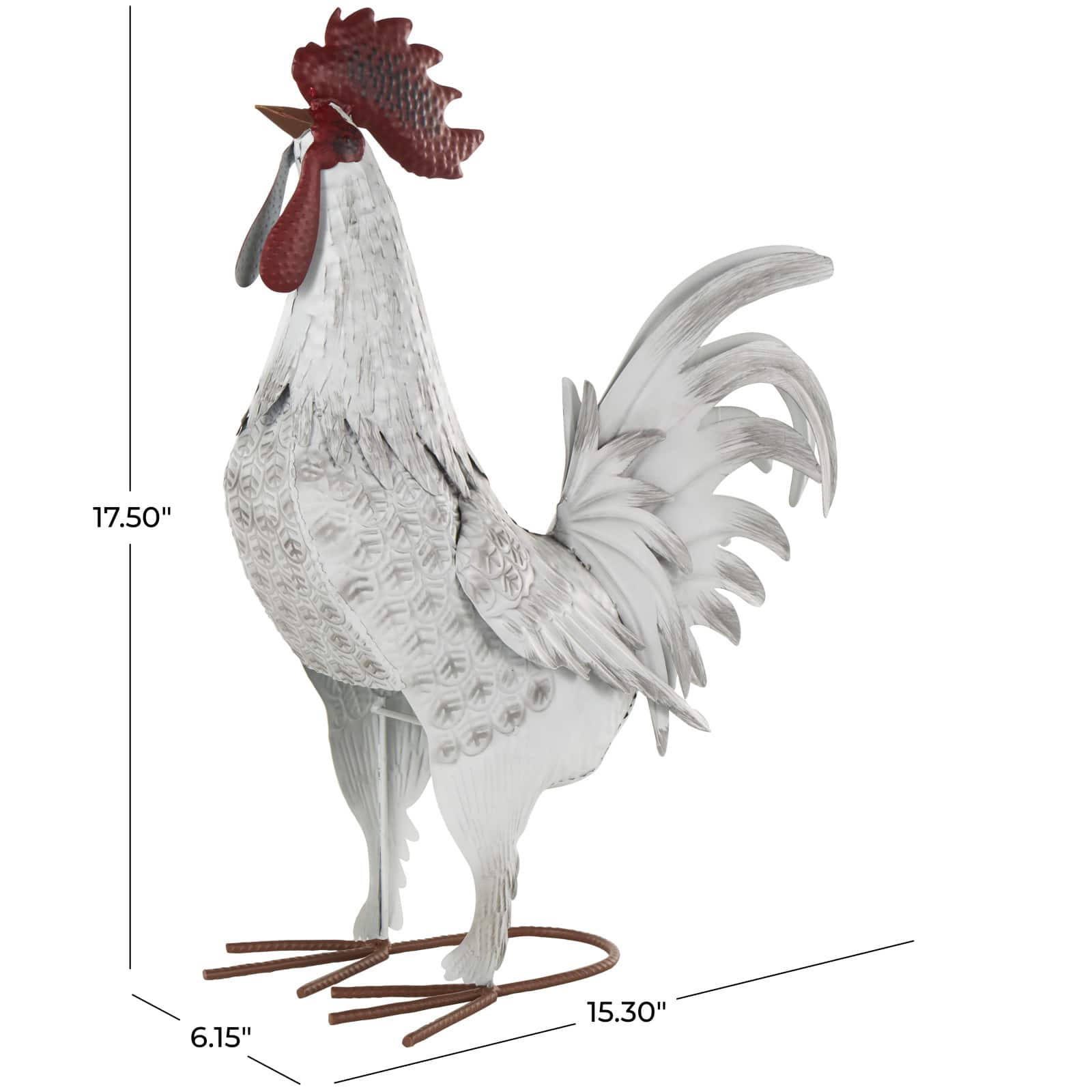 17.5" White Metal Rooster Garden Sculpture
