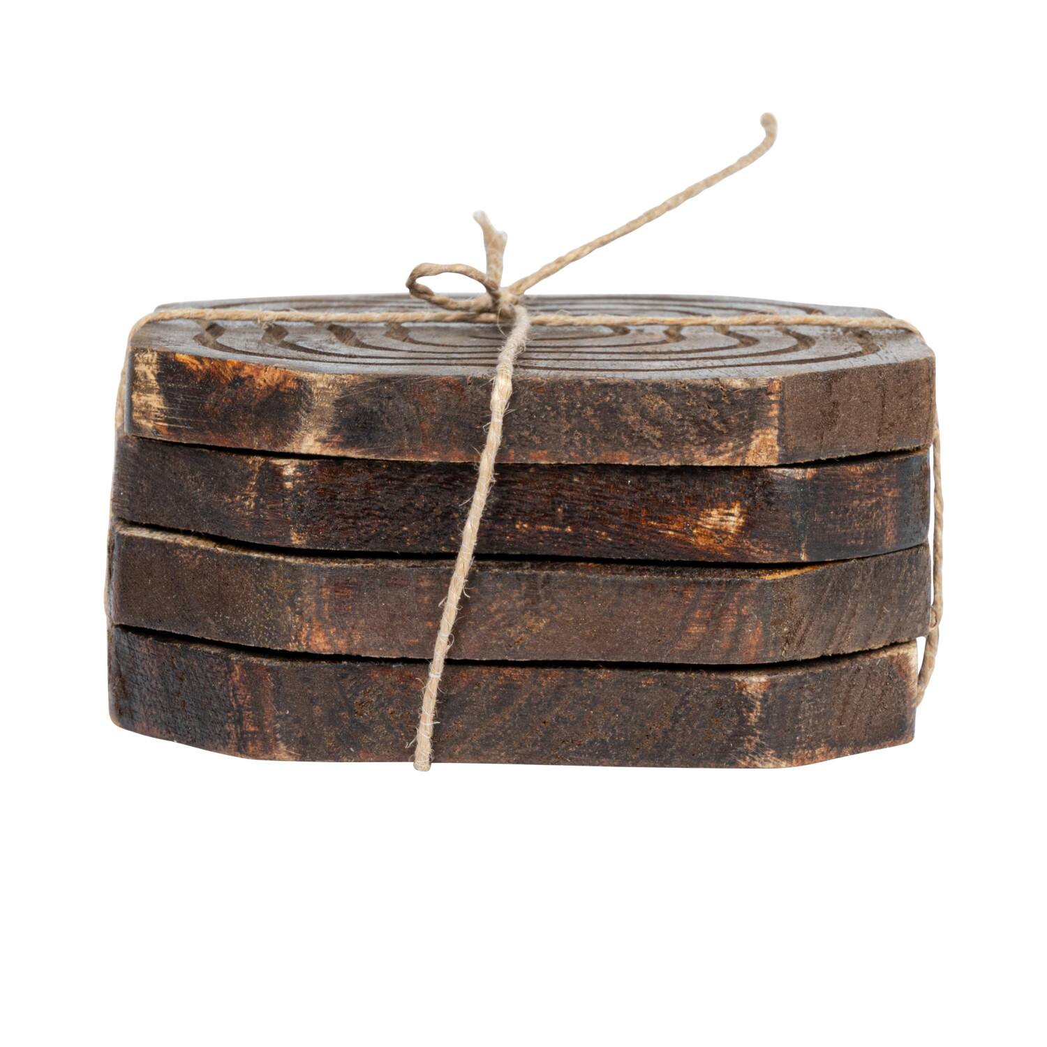 4&#x22; Round Hand-Carved Mango Wood Coasters with Distressed Finish, 4ct.