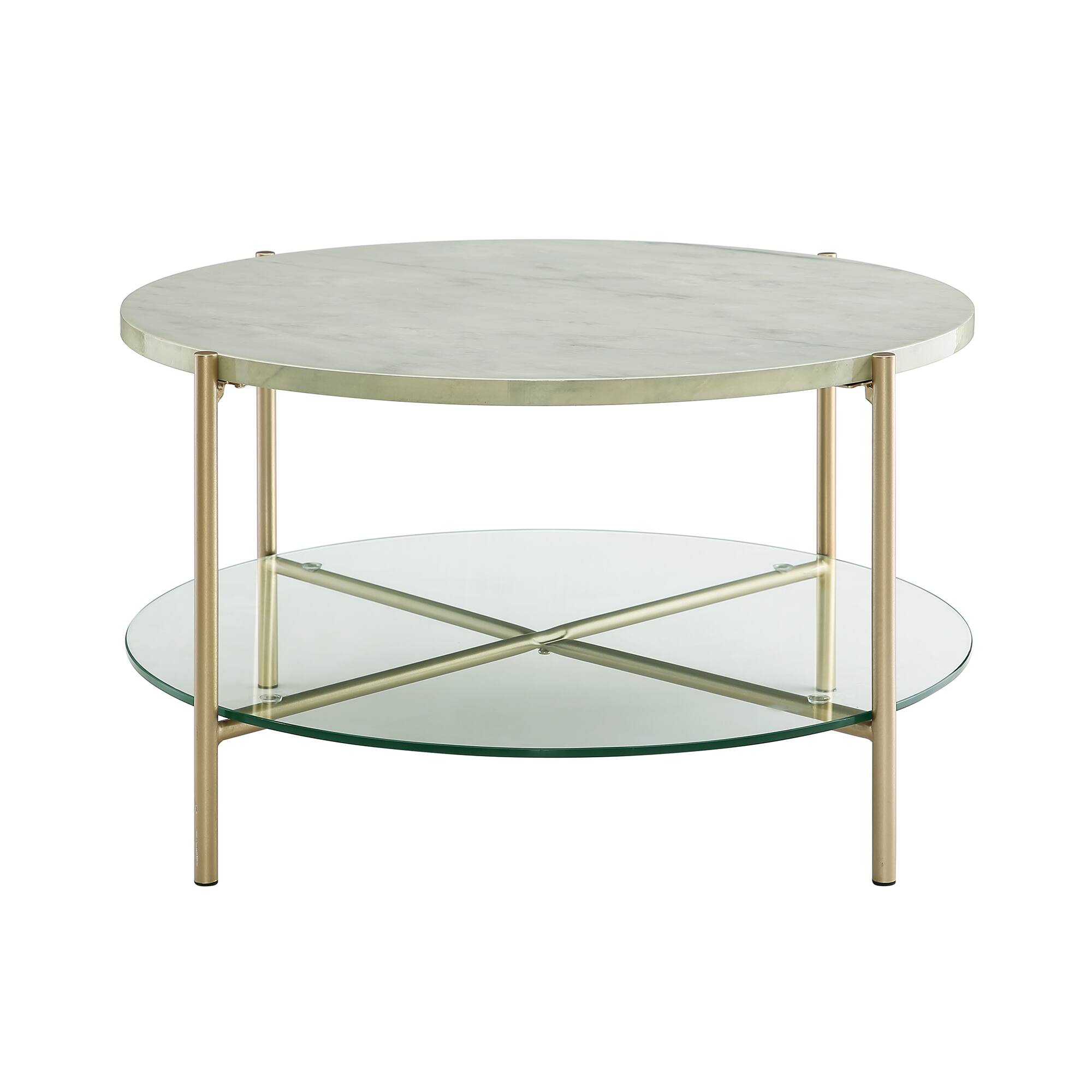 Faux White Marble, Glass &#x26; Gold Modern Round Coffee Table 
