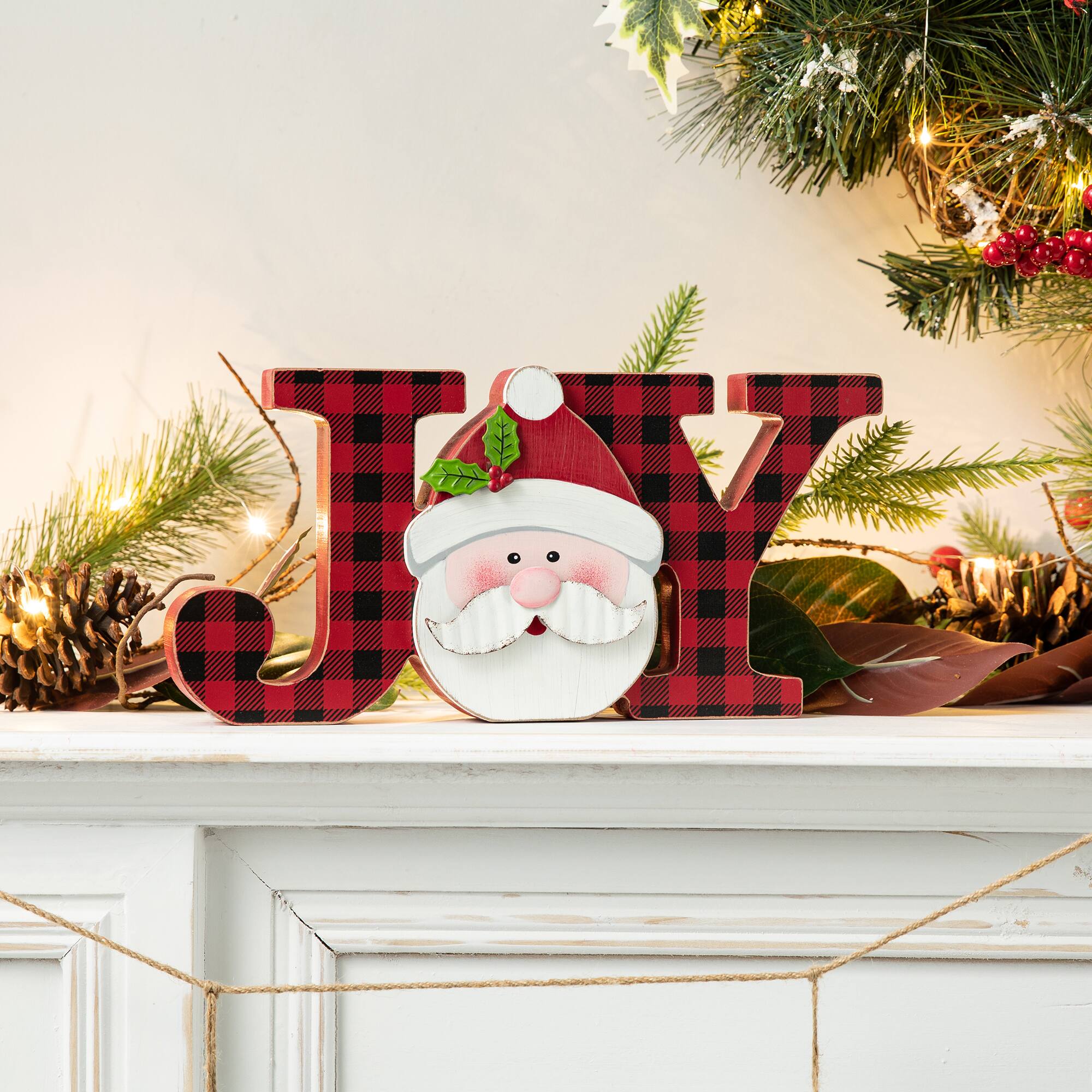 Glitzhome® 2-Piece JOY and NOEL Wooden Christmas Plaid Table Décor