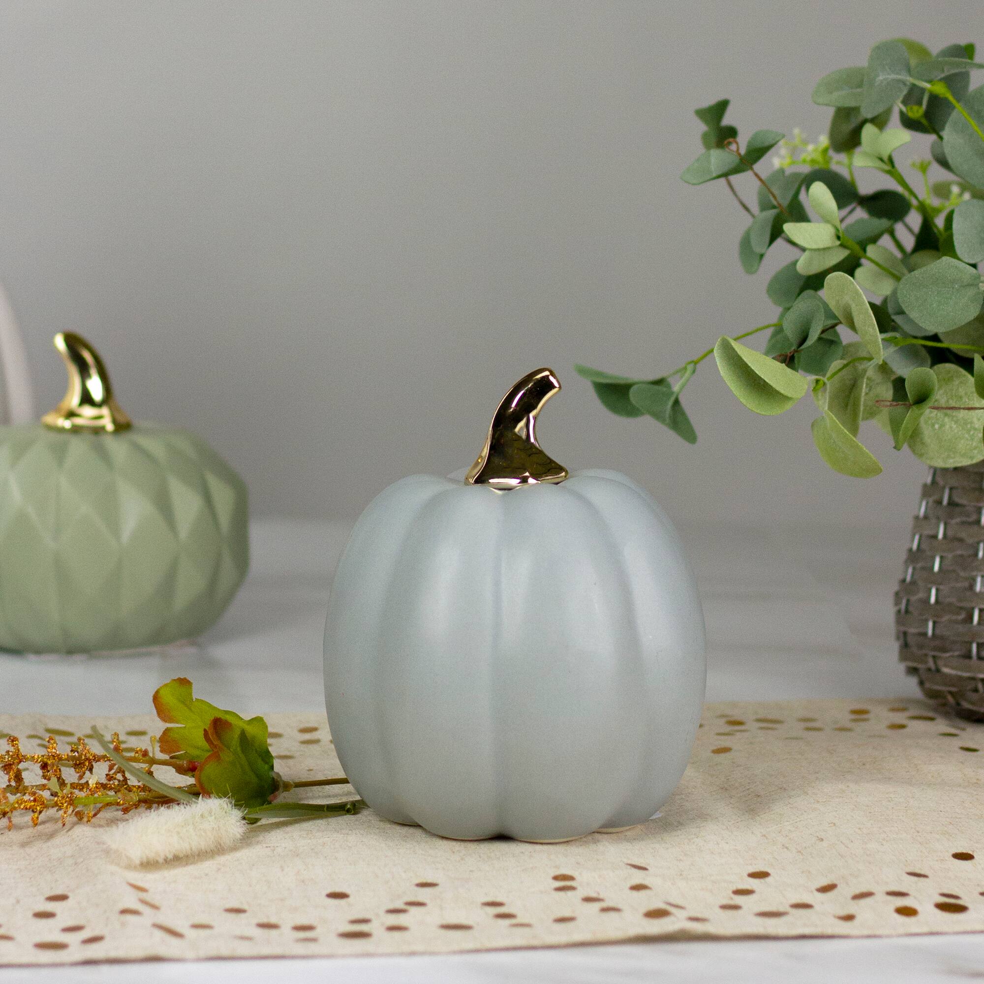 7&#x22; Gray &#x26; Gold Fall Harvest Ceramic Pumpkin Decoration