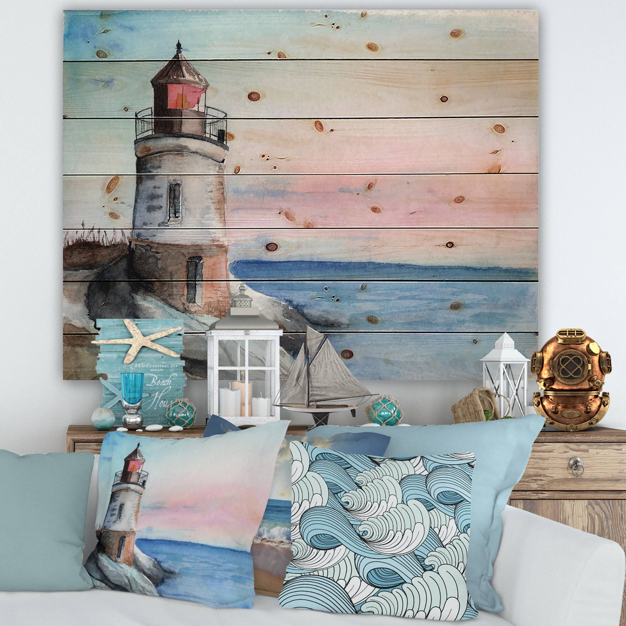 Designart - A Lighthouse On A Rock Shore In Early Morning - Nautical & Coastal Print on Natural Pine Wood