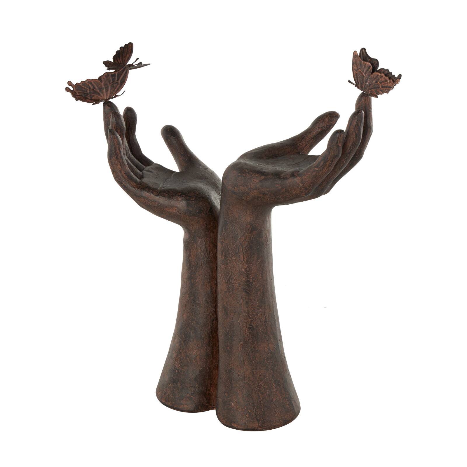 14.25" Dark Brown Hands Raised Decorative Sculpture with Butterfly Accents