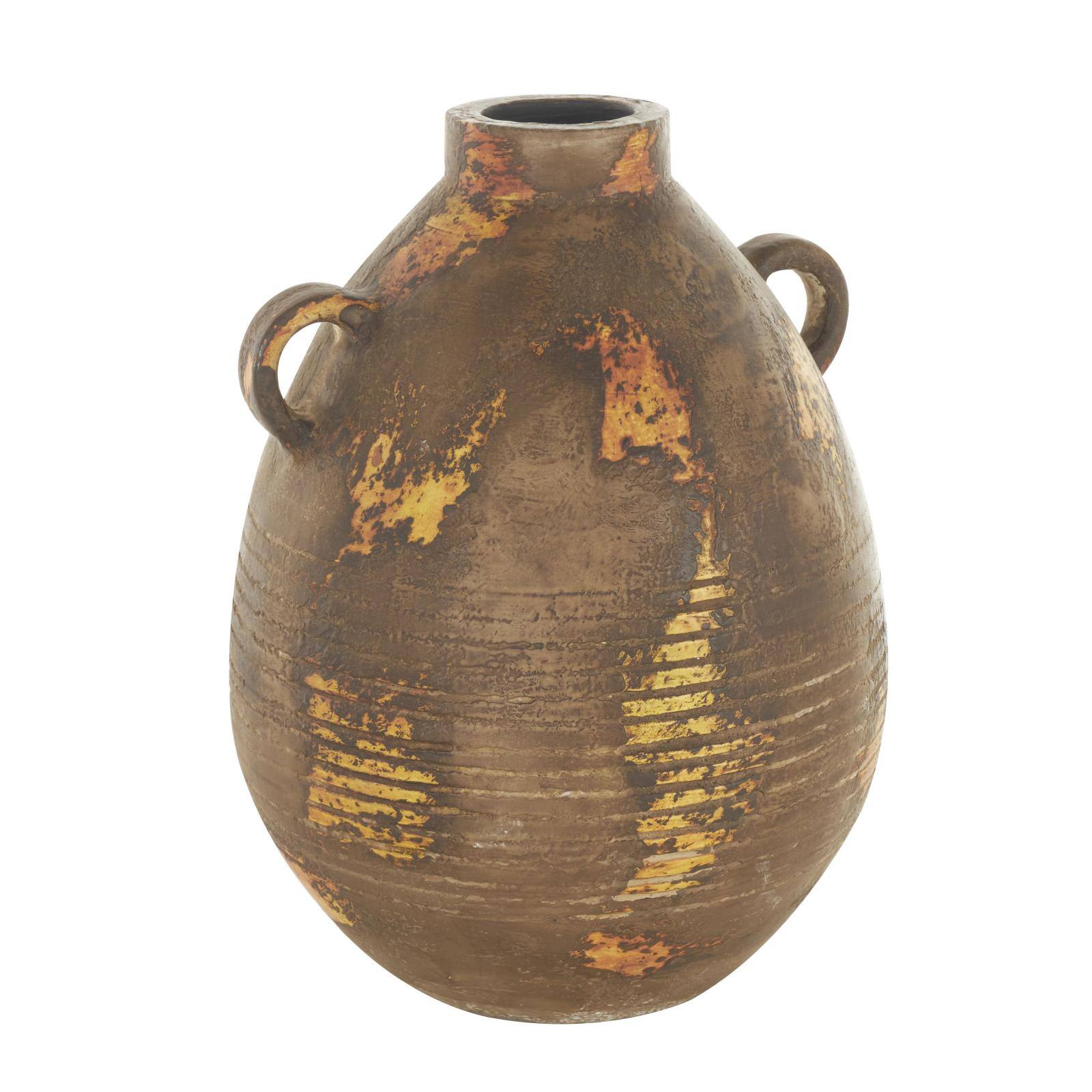 15.25" Brown Ceramic Antique Style Distressed Vase with Grooves & Handles