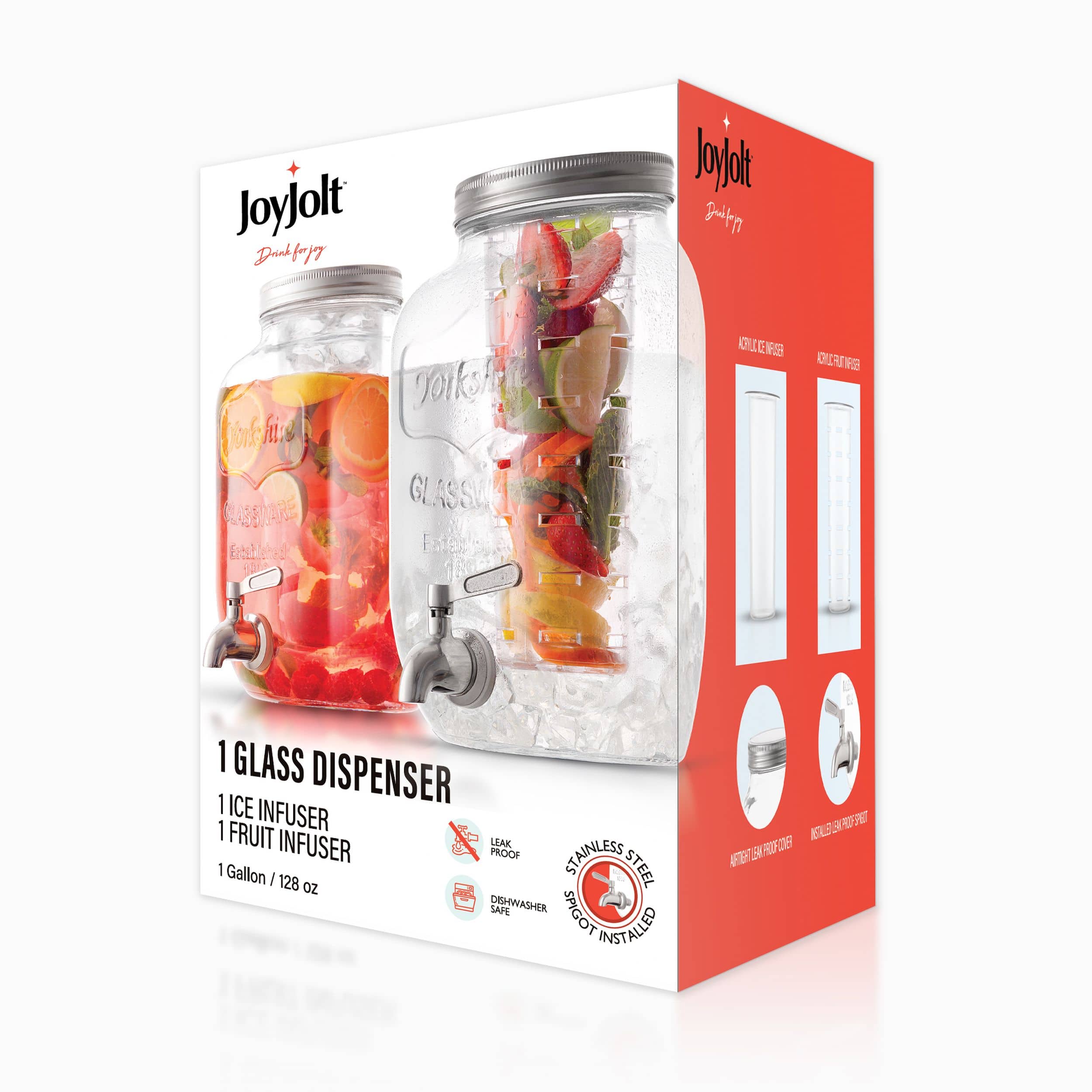 JoyJolt 1-Gallon Drink Dispenser Glass Beverage Dispenser with Spigot Plus Ice Cylinder and Fruit Infuser Water Dispenser, Lemon