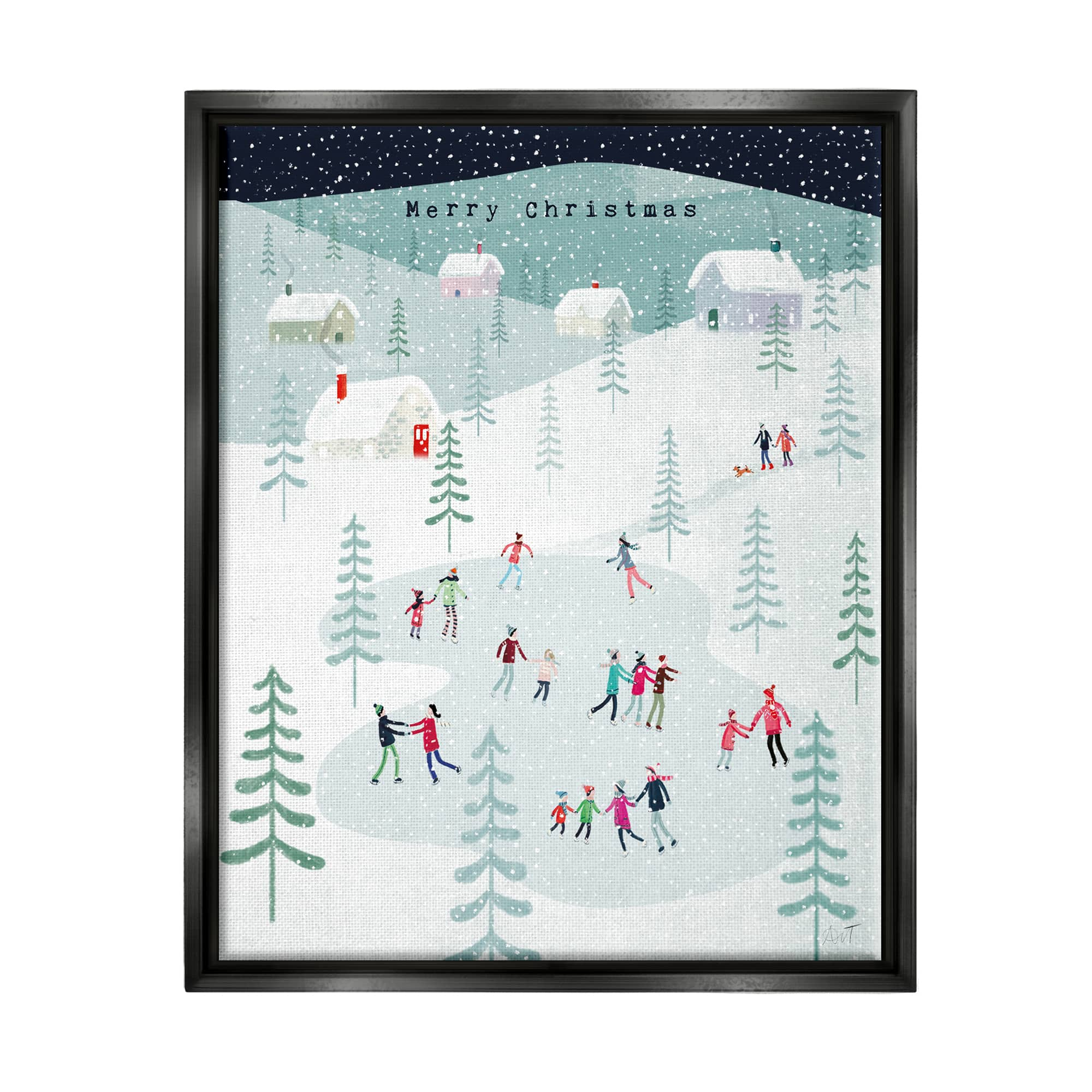 Stupell Industries Merry Christmas Winter Ice Skating Framed Floater Canvas Wall Art