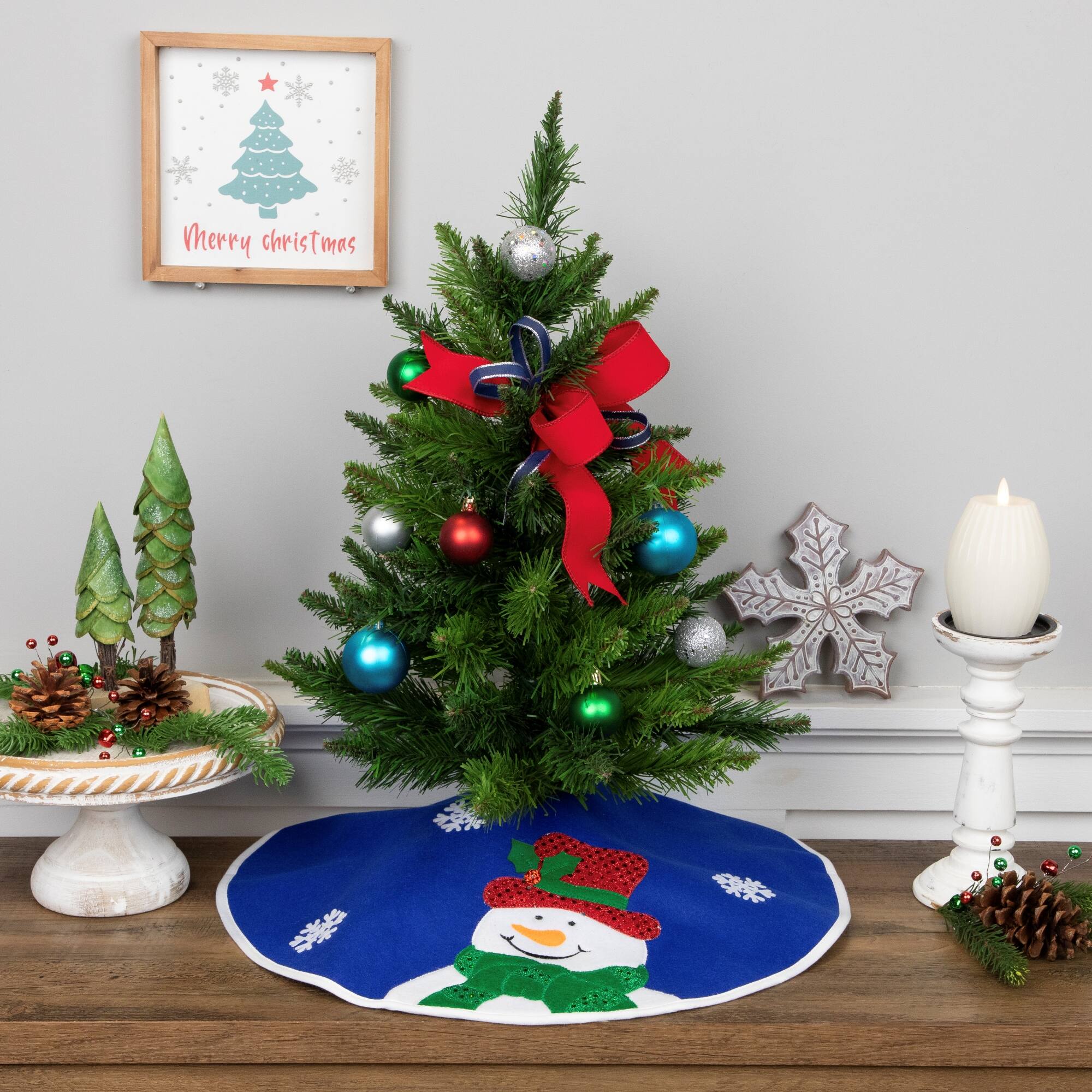 20" Blue Mini Tree Skirt with Embellished Snowman