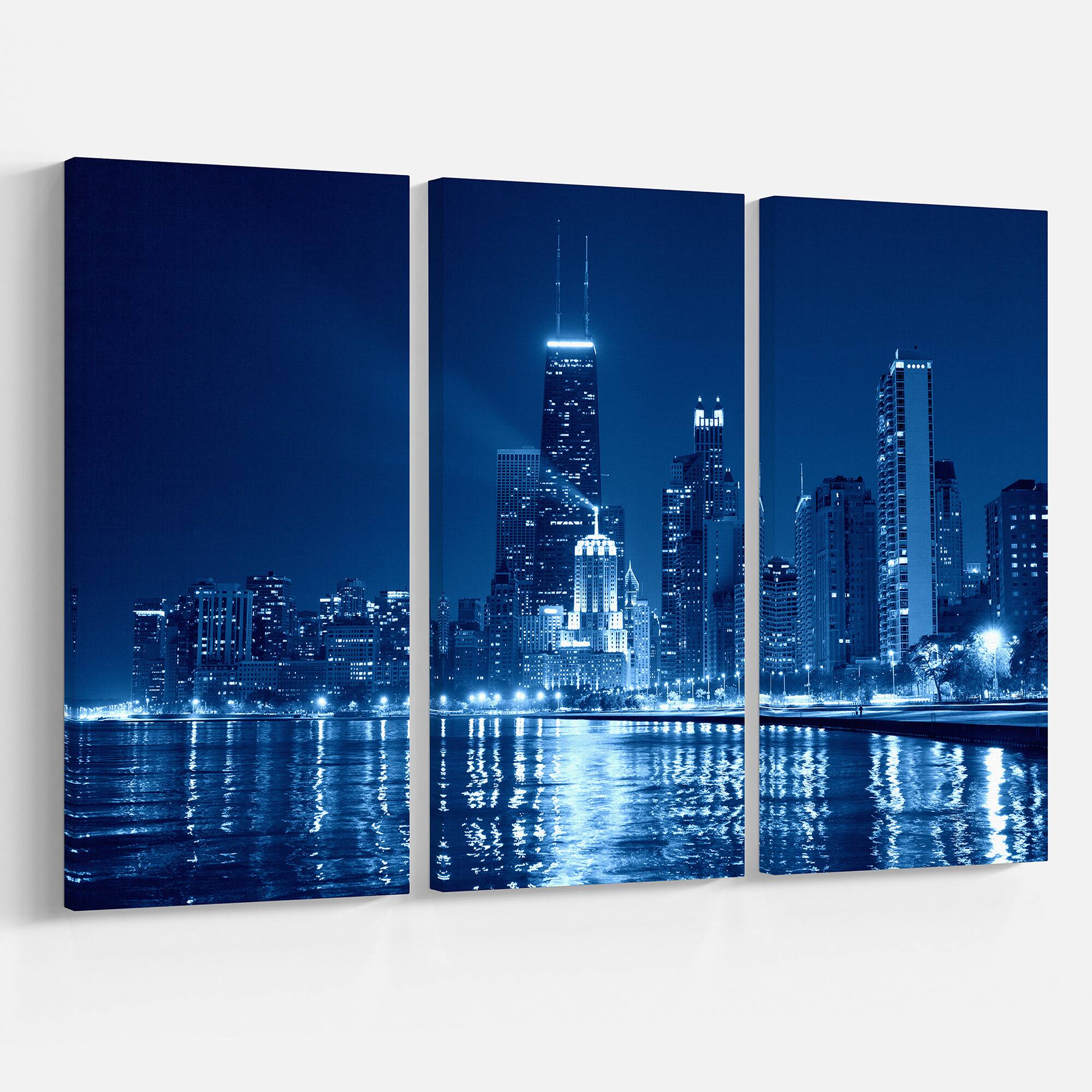 Designart - Blue Chicago Skyline Night - Cityscape Photo Canvas Print