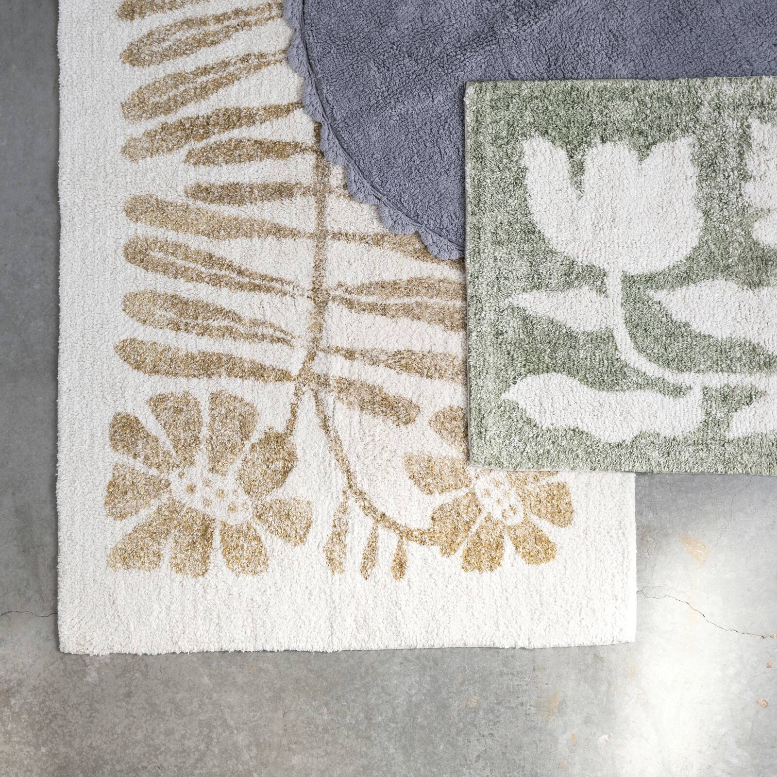  Cotton Tufted Rug with Flowers, White and Mustard