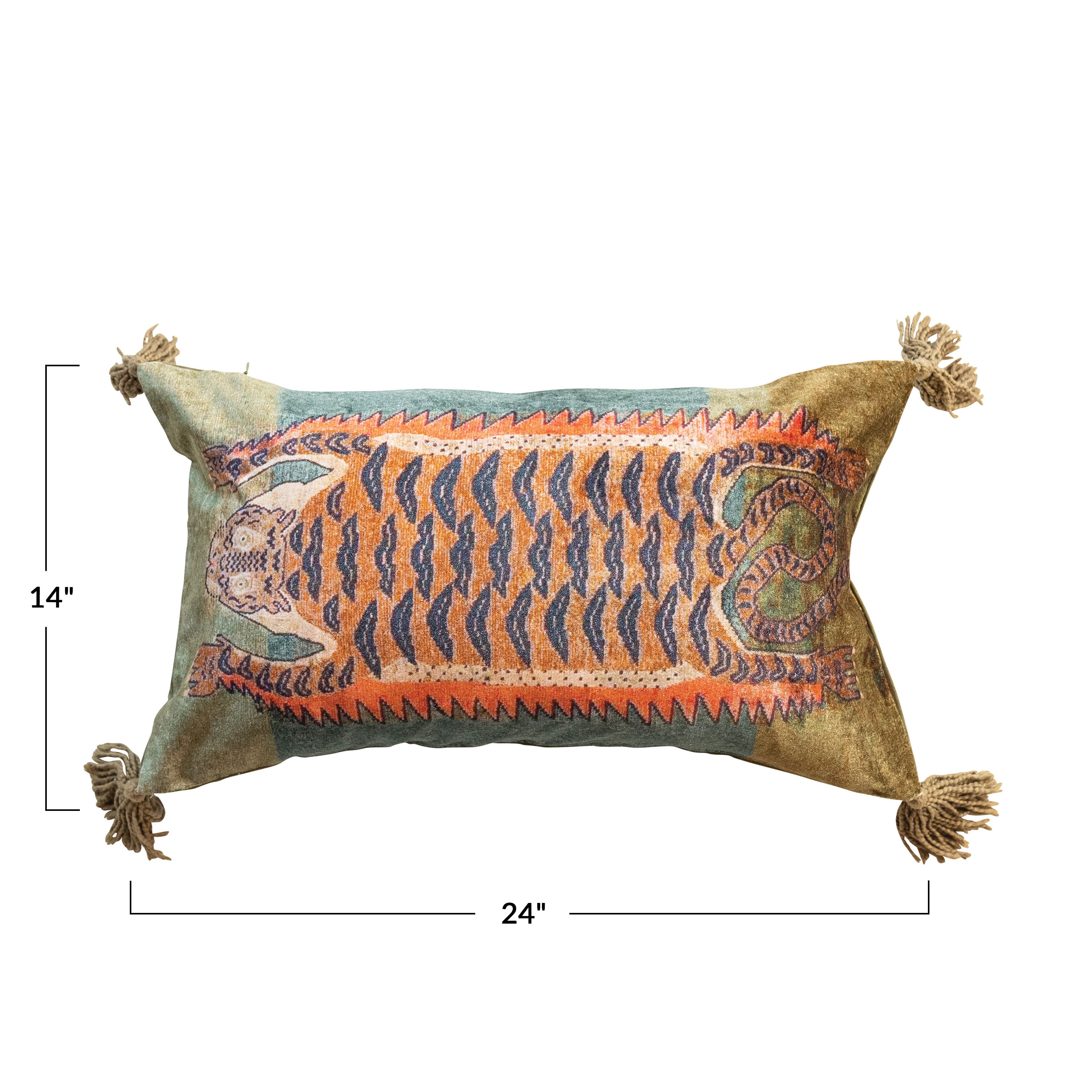 24&#x22; Multicolor Tiger Cotton Velvet Lumbar Pillow with Tassels