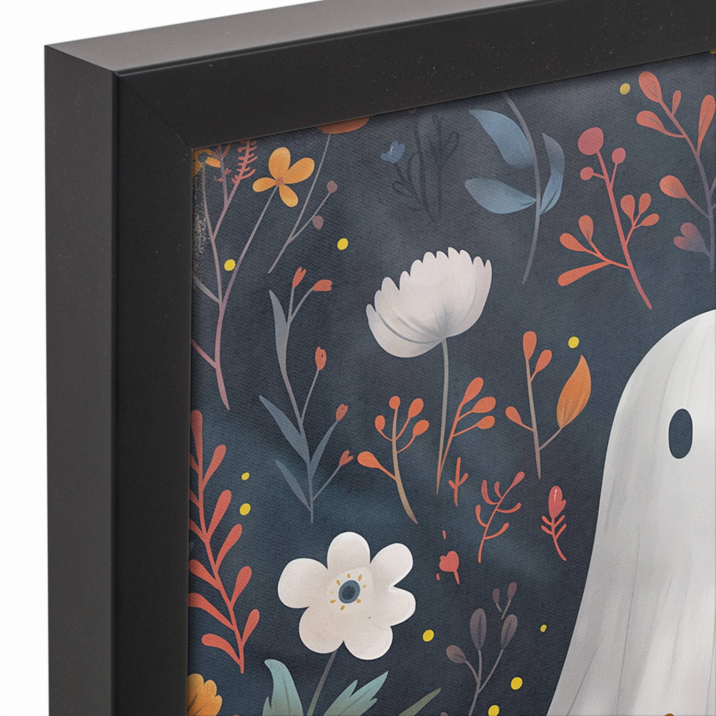 Cute Floral Ghost 13.73&#x22; x 13.73&#x22; Black Framed Canvas