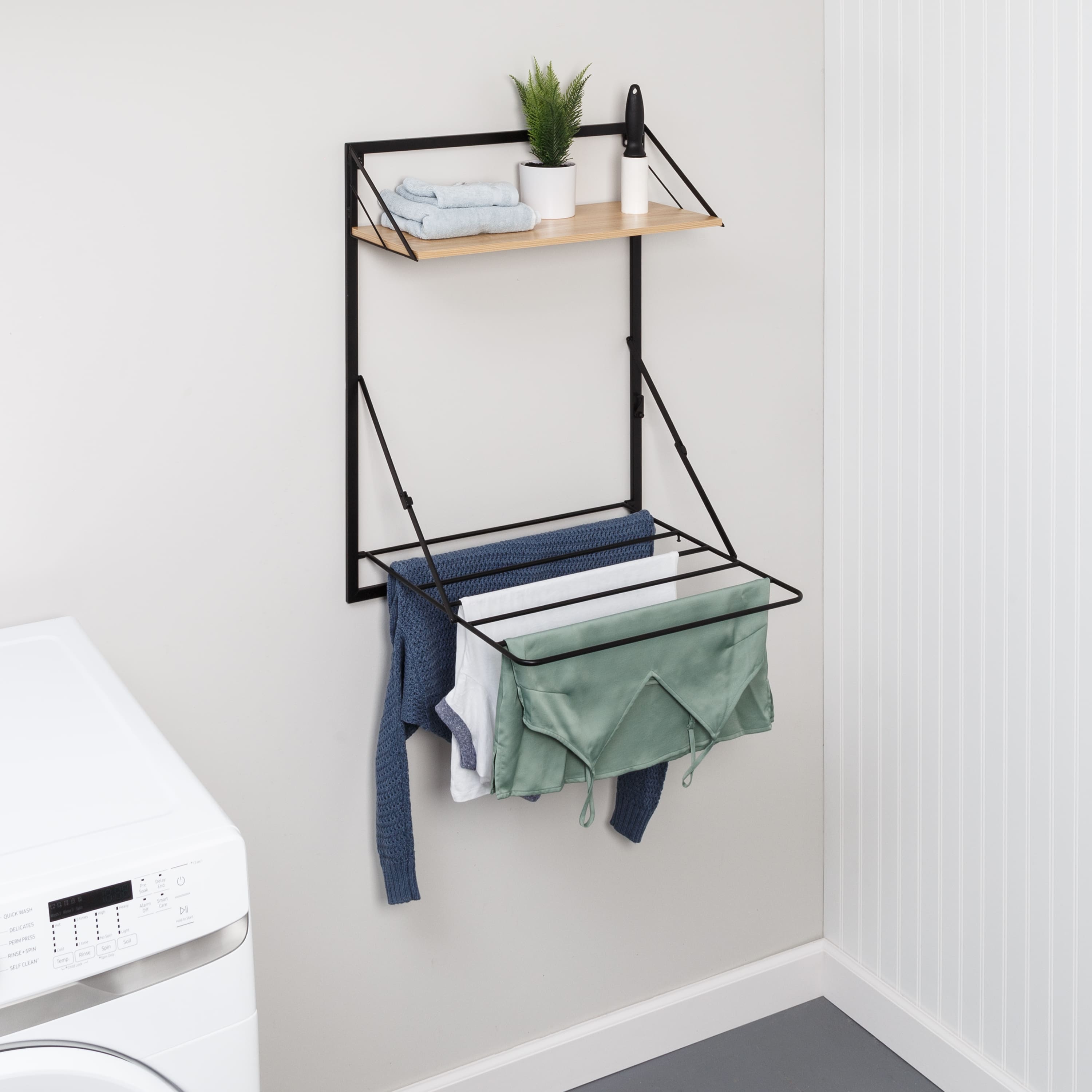 Honey Can Do Black &#x26; Maple Wall Mounted Drying Rack with Shelf