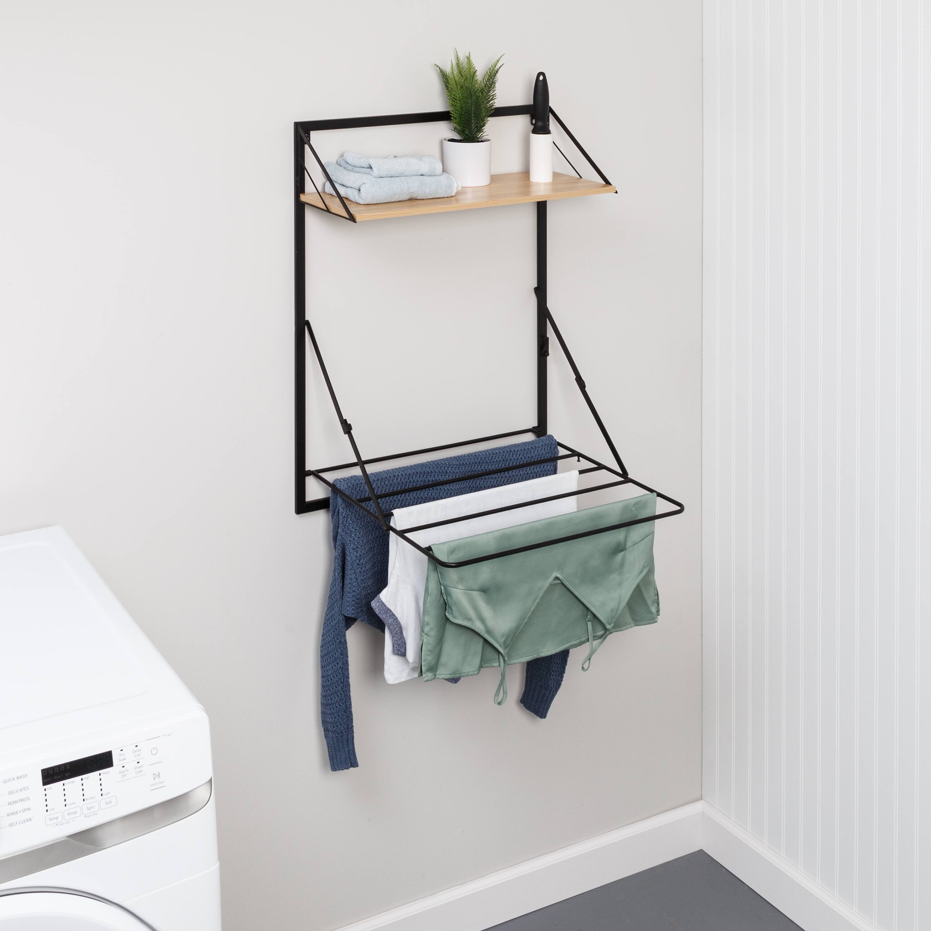 Honey Can Do Black & Maple Wall Mounted Drying Rack with Shelf