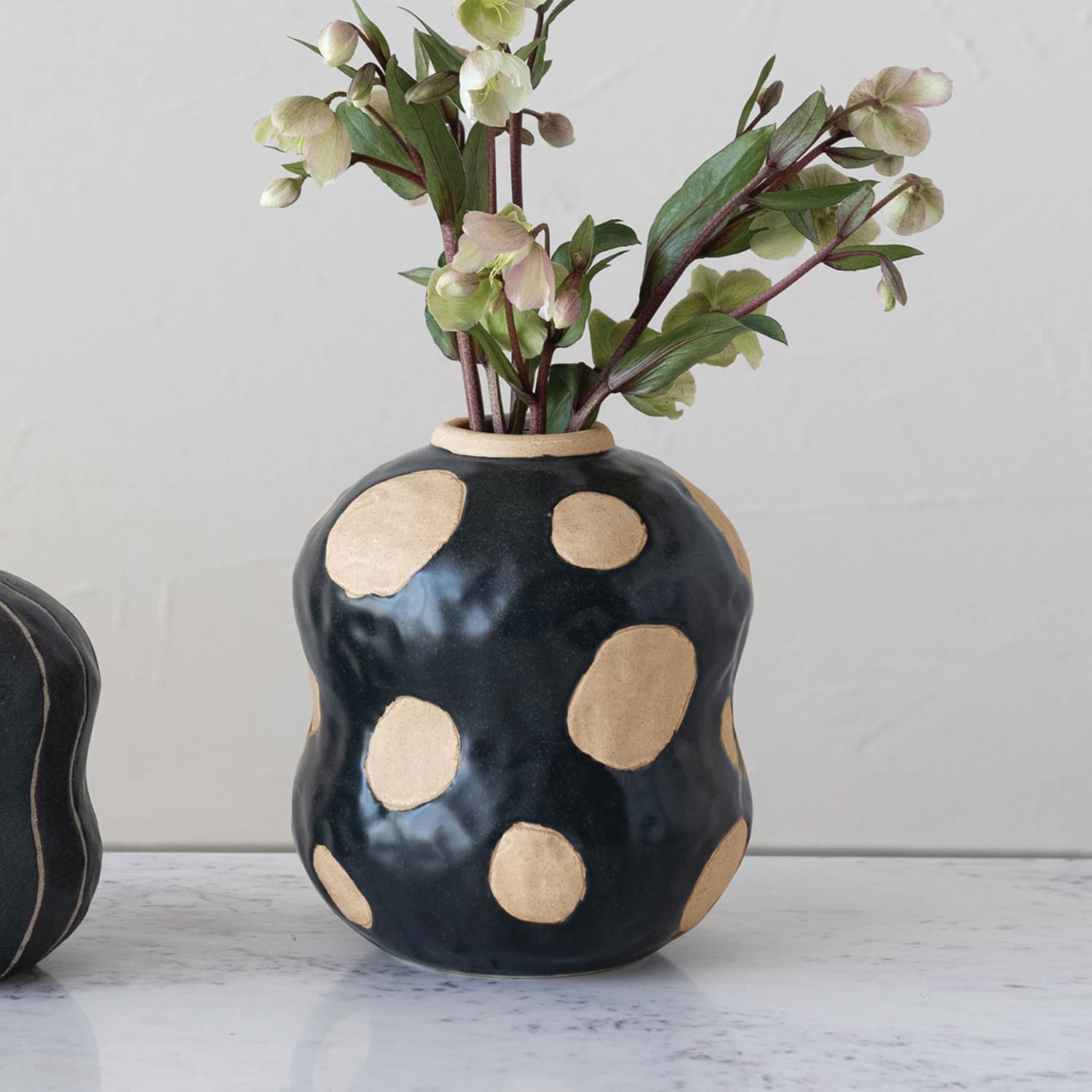 Hello Honey® 8" Black & Cream Stoneware Vase with Wax Relief Dots
