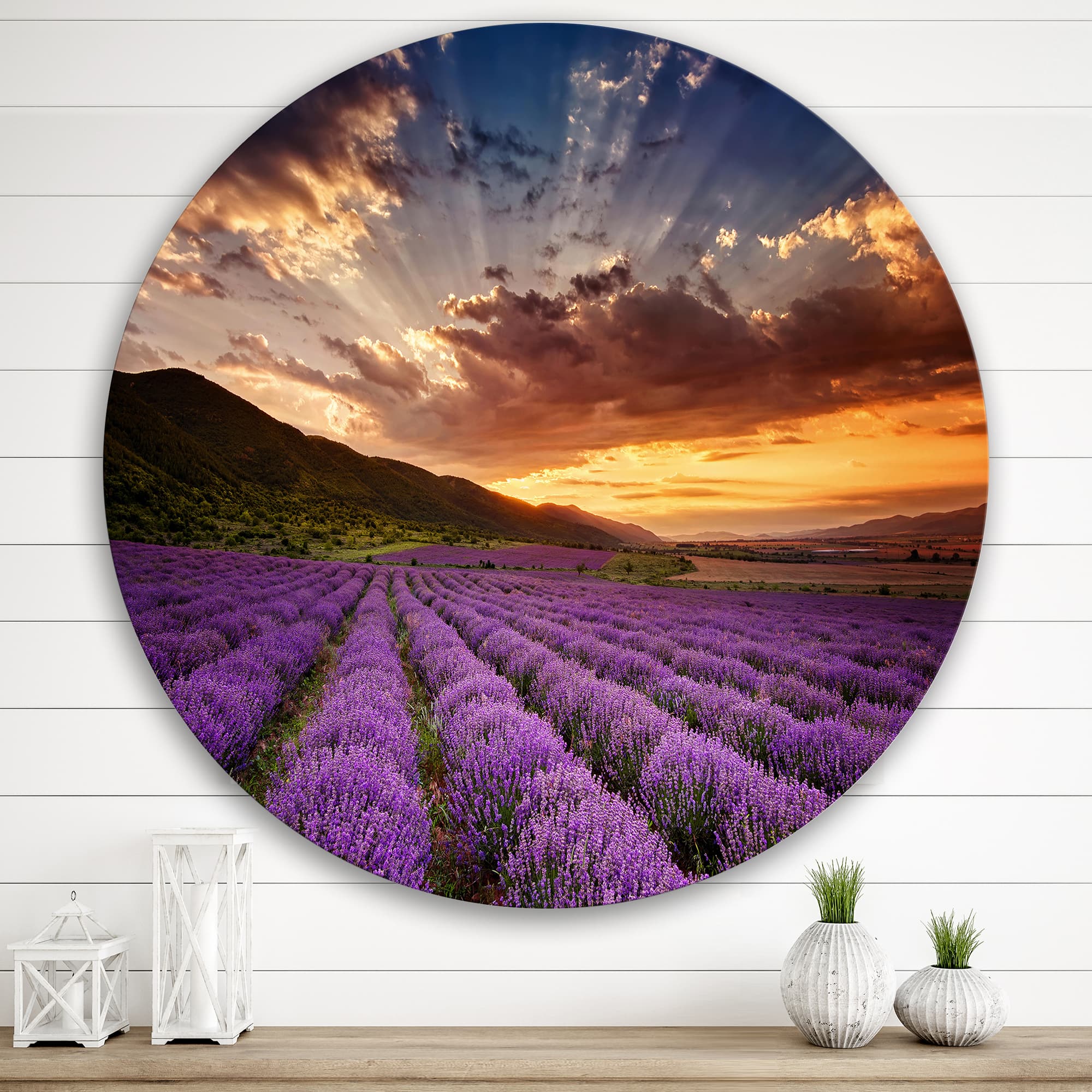 Designart - Sunrise &#x26; Dramatic Clouds Over Lavender Field X - Farmhouse Metal Circle Wall Art