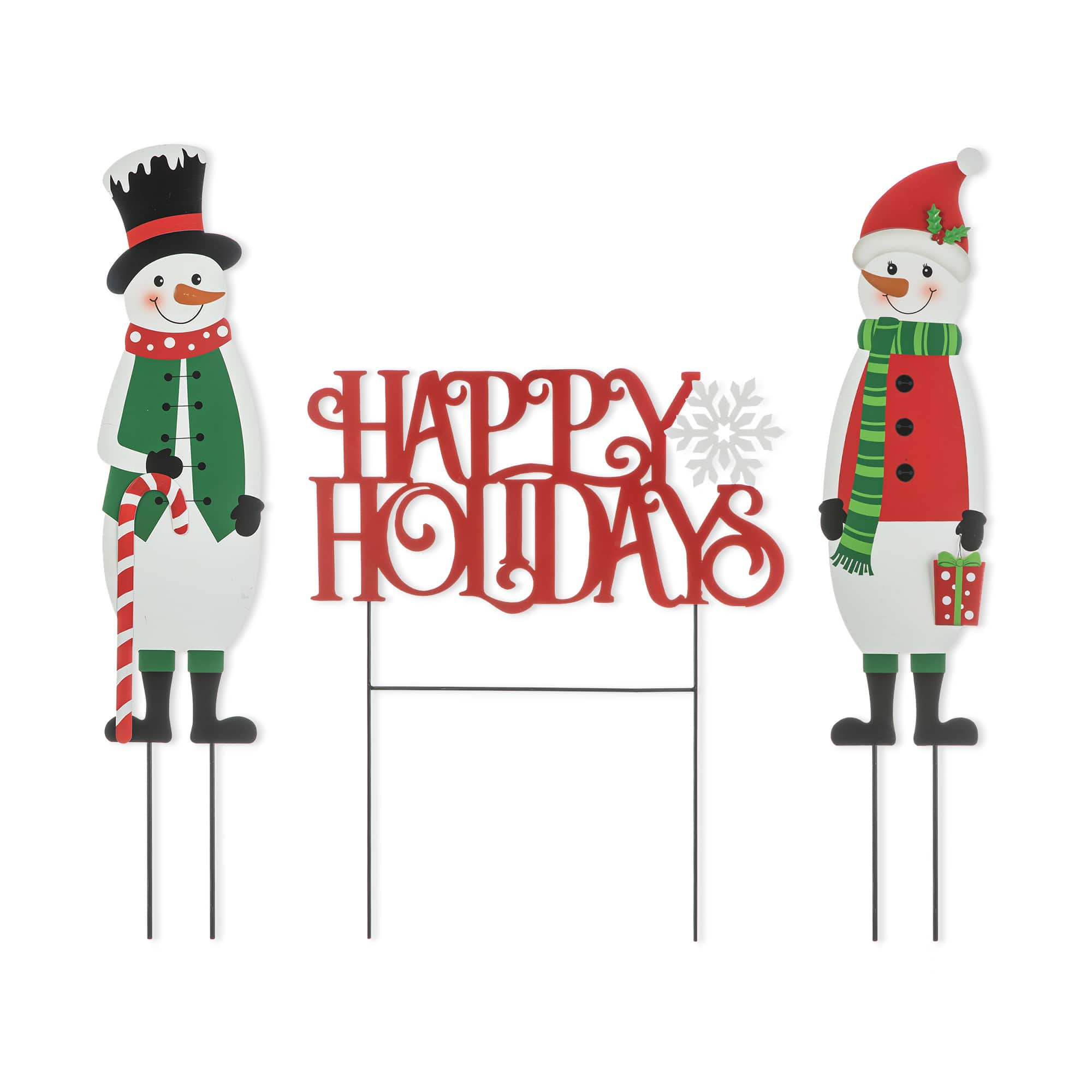 Glitzhome&#xAE; Metal Snowmen &#x26; Happy Holidays Yard Stake Set