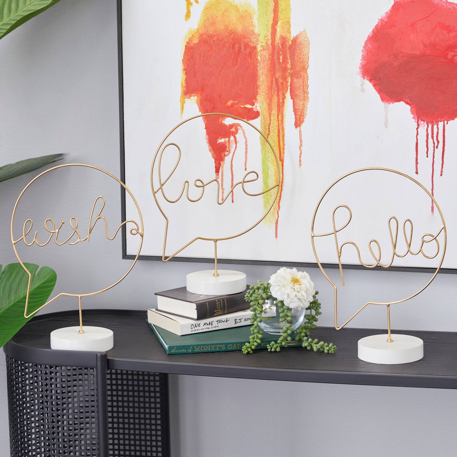 13" Gold Hello, Love & Wish Tabletop Sign Set