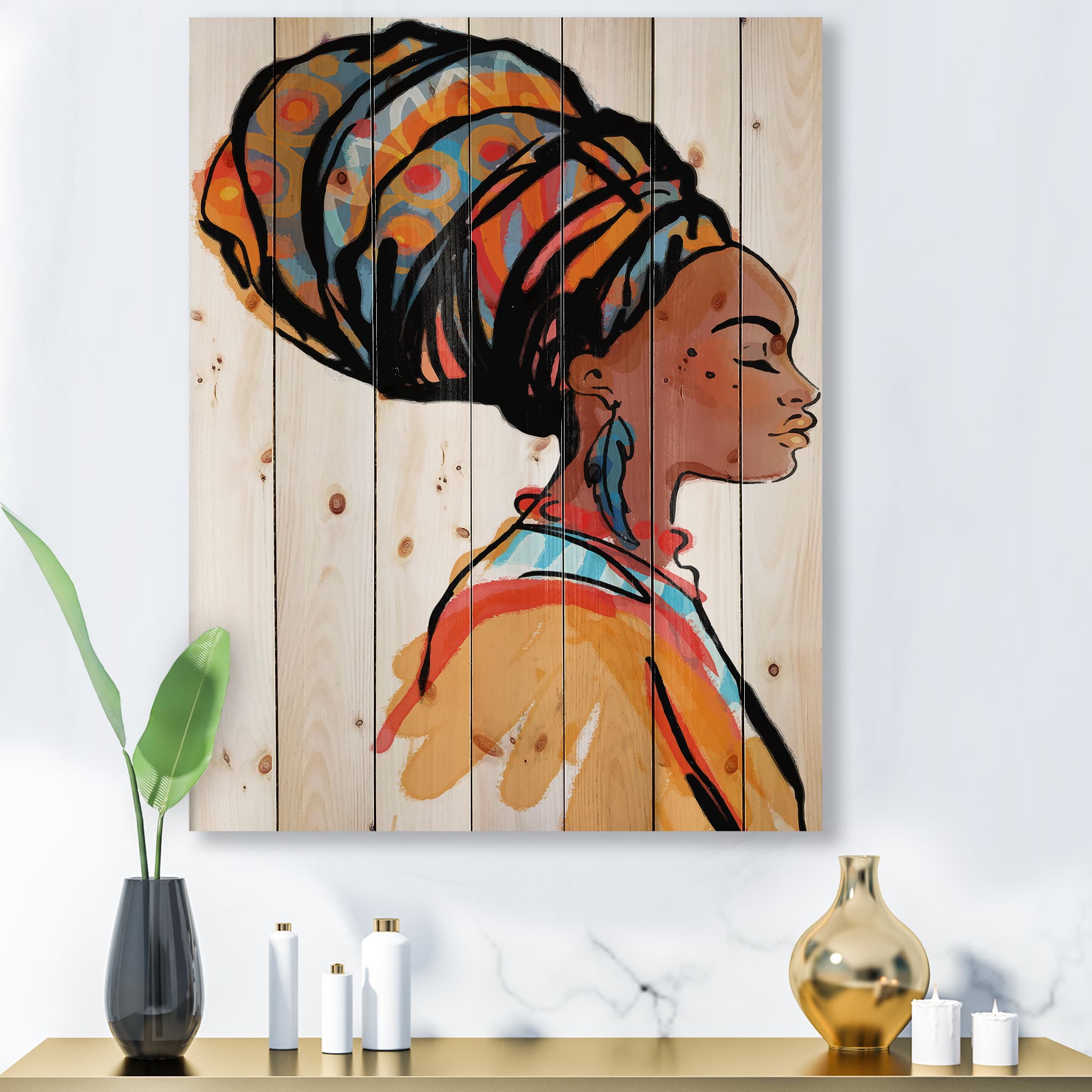 Designart - African American Woman with Turban I - Modern Print on Natural Pine Wood