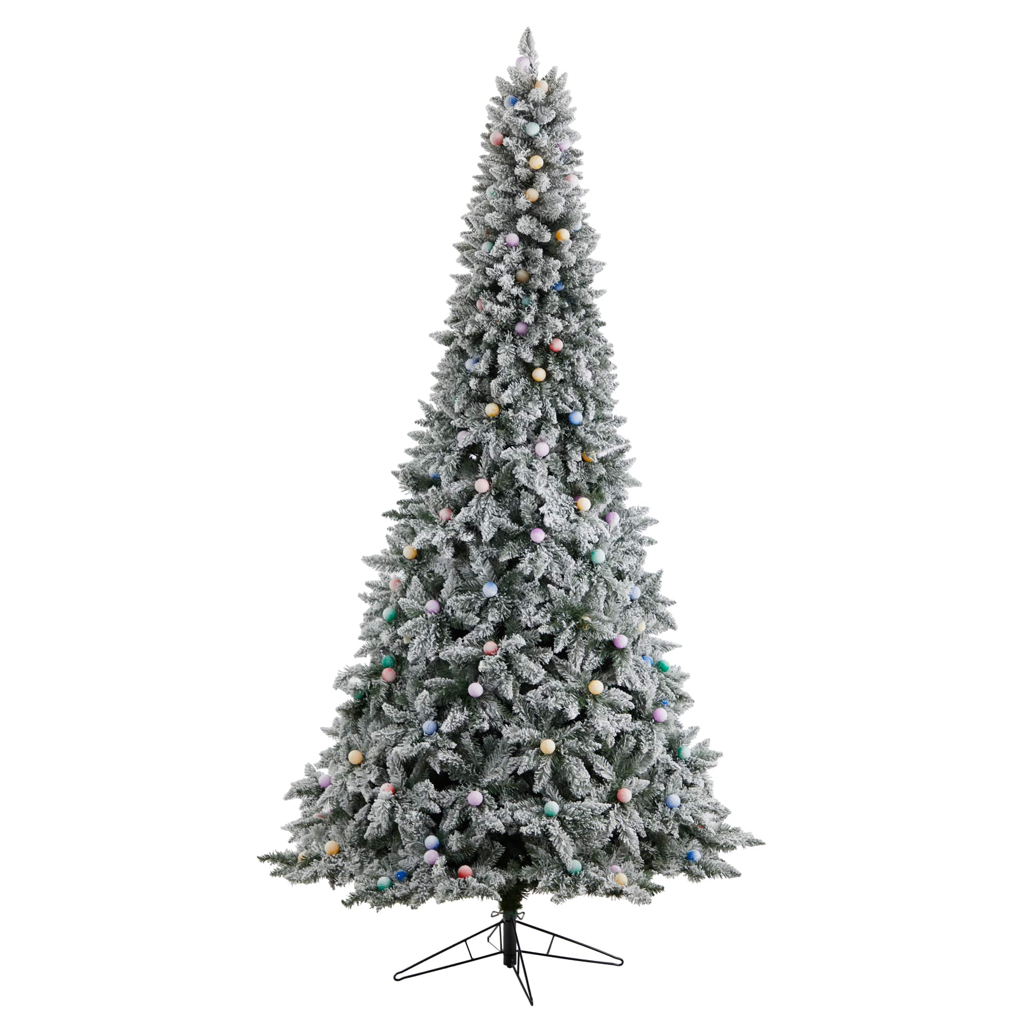 9.5ft. Pre-Lit Flocked British Columbia Mountain Fir Artificial Christmas Tree, Multicolor Globe Bulbs