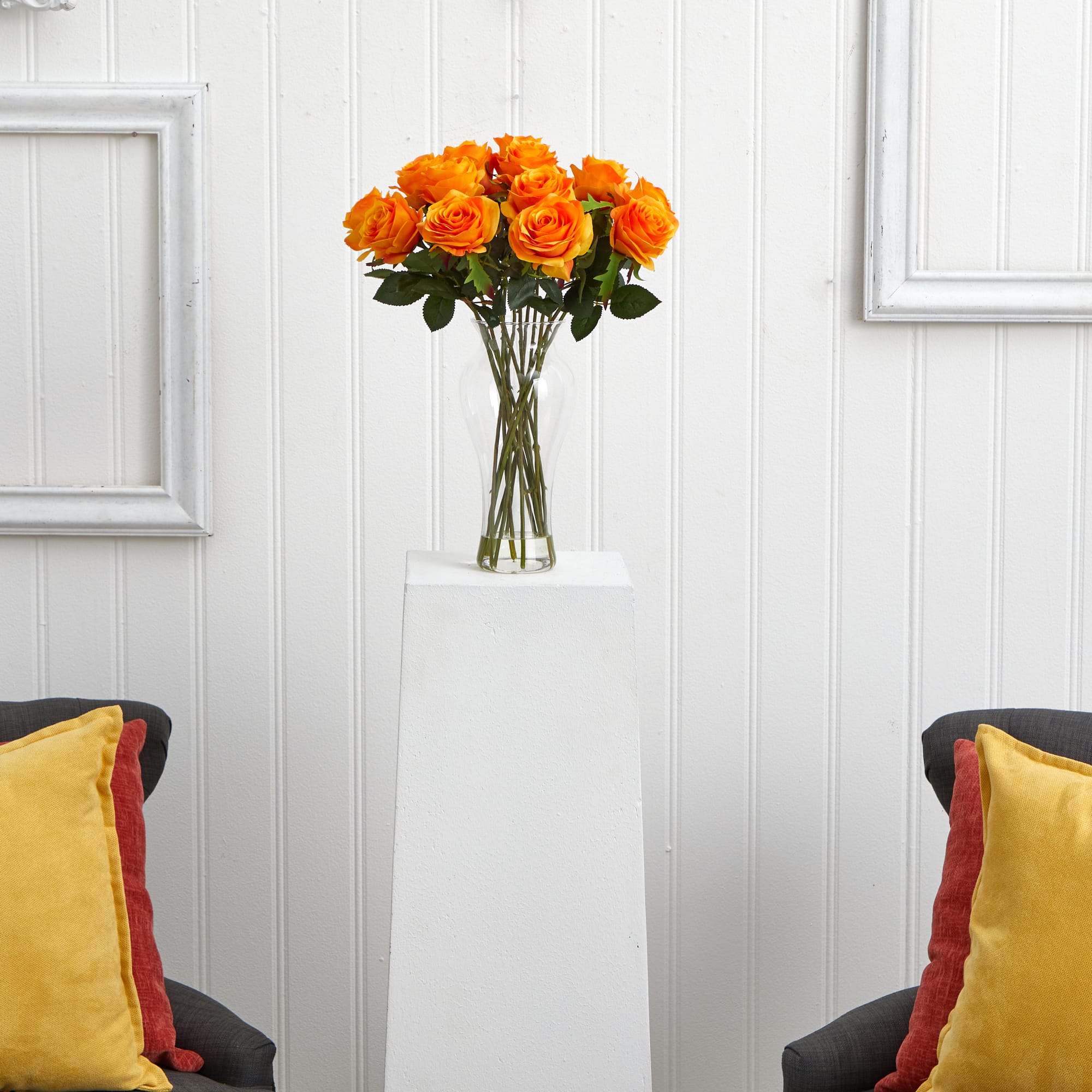 18" Blooming Orange Yellow Roses in Decorative Vase