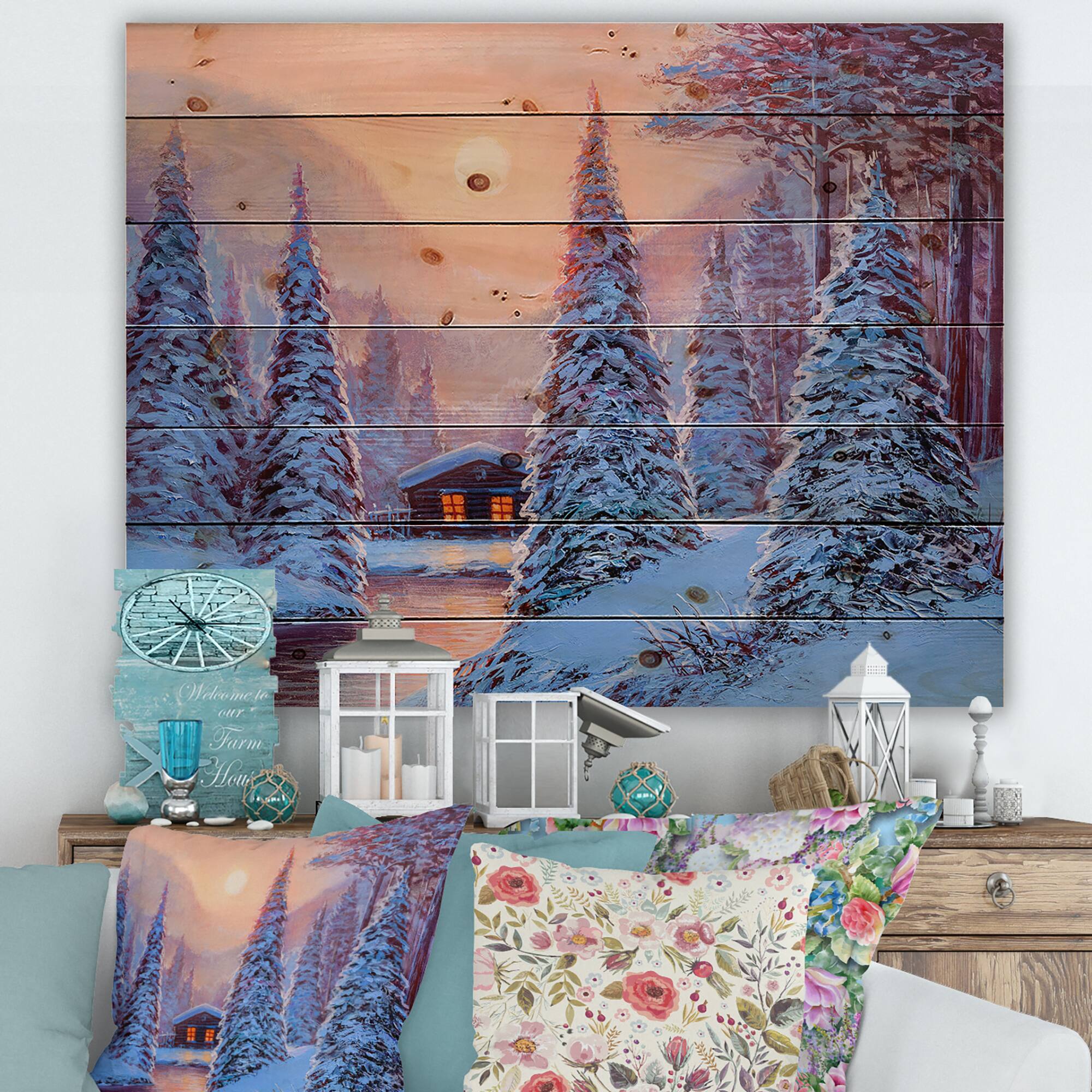 Designart - Winter Landscape & The River House In The Woods I - Lake House Print on Natural Pine Wood
