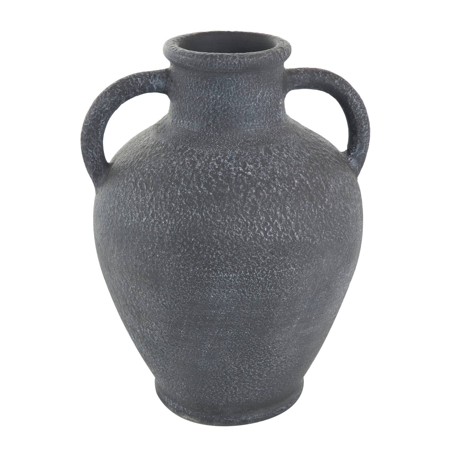 16" Black Ceramic Whitewashed Textured Amphora Vase
