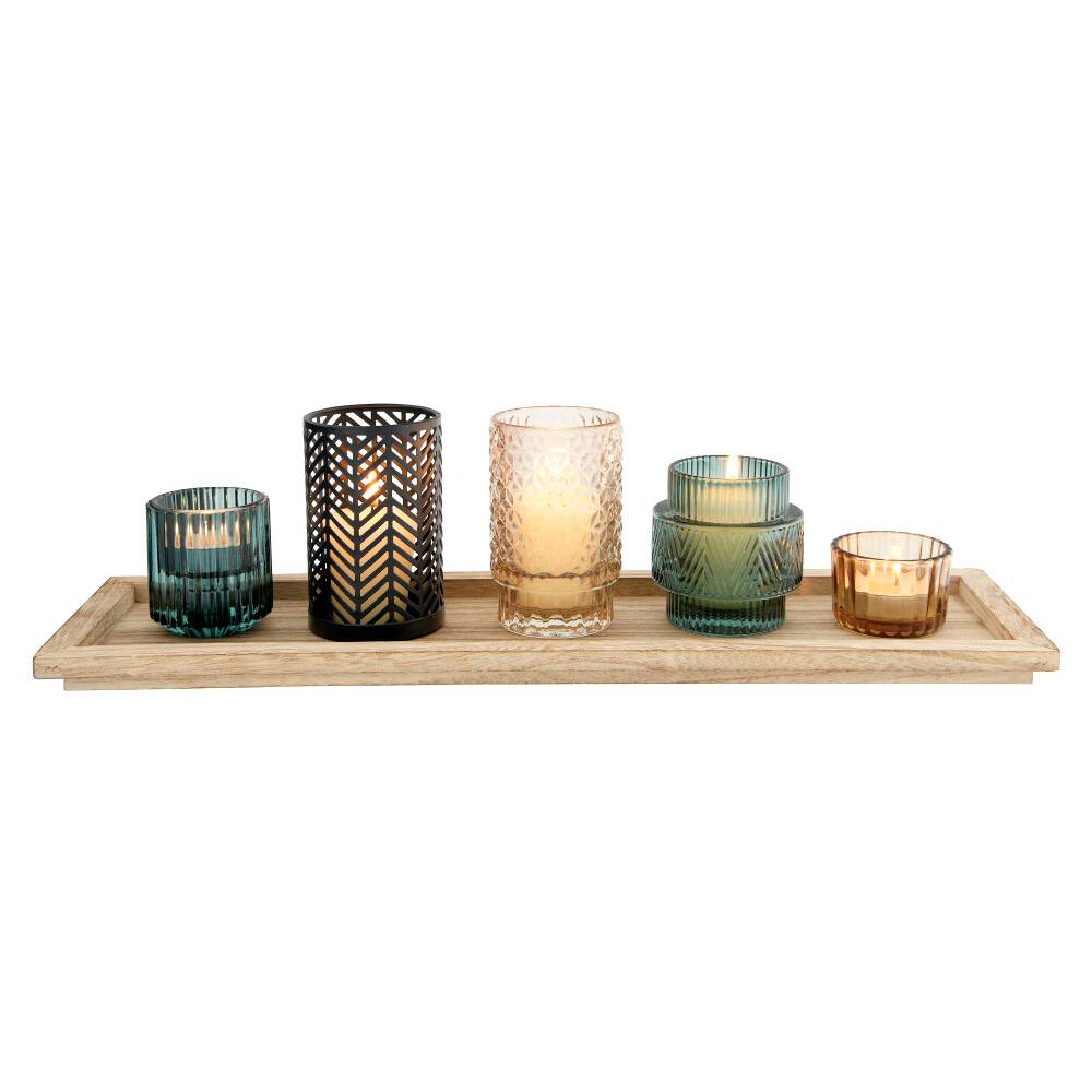 Hello Honey® Embossed Glass & Metal Tealight & Votive Holders On Rectangle Wood Tray Set, 6ct.