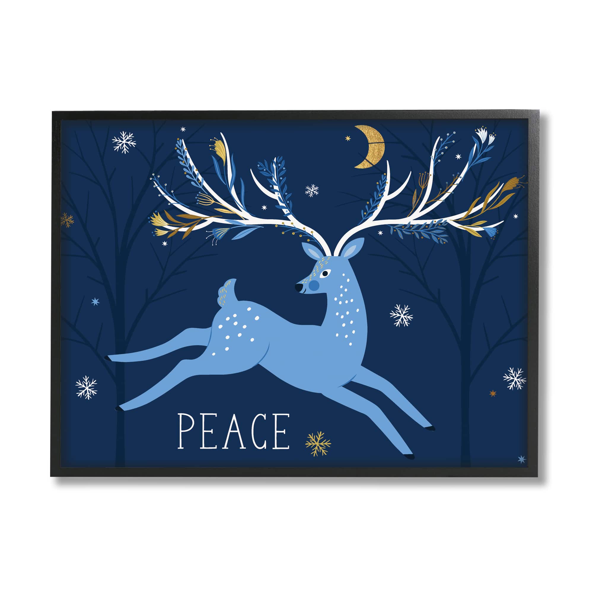 Stupell Industries Peace Jumping Deer Snowflakes Framed Giclee Art