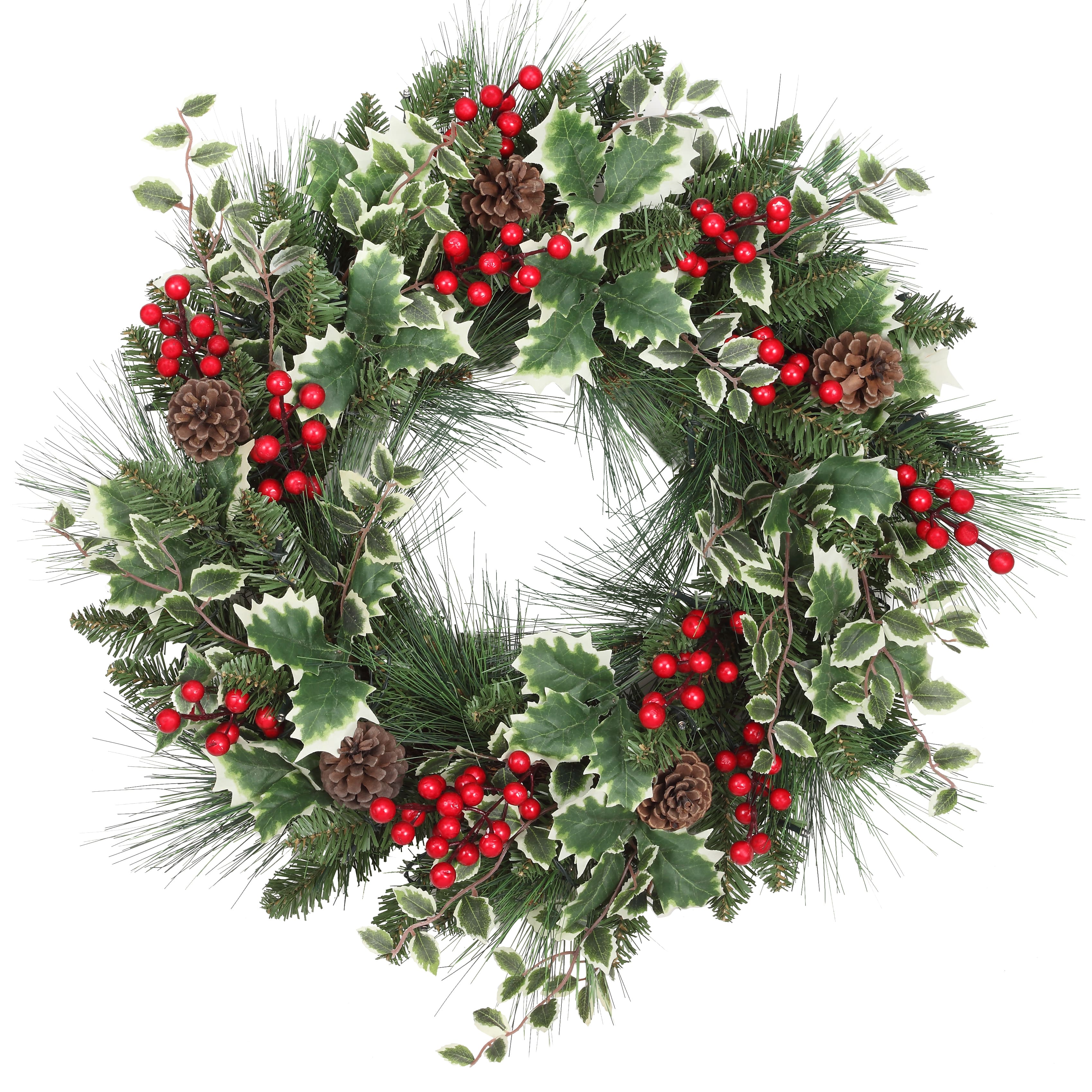 Haute Decor 24&#x22; Pre-Lit Holly, Pine &#x26; Berry Christmas Wreath, Soft White LED Lights