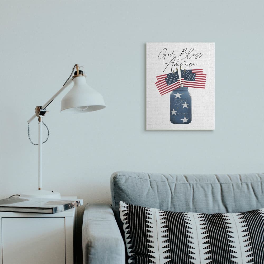 Stupell Industries Patriotic God Bless America Country Quote Jar Flags Canvas Wall Art